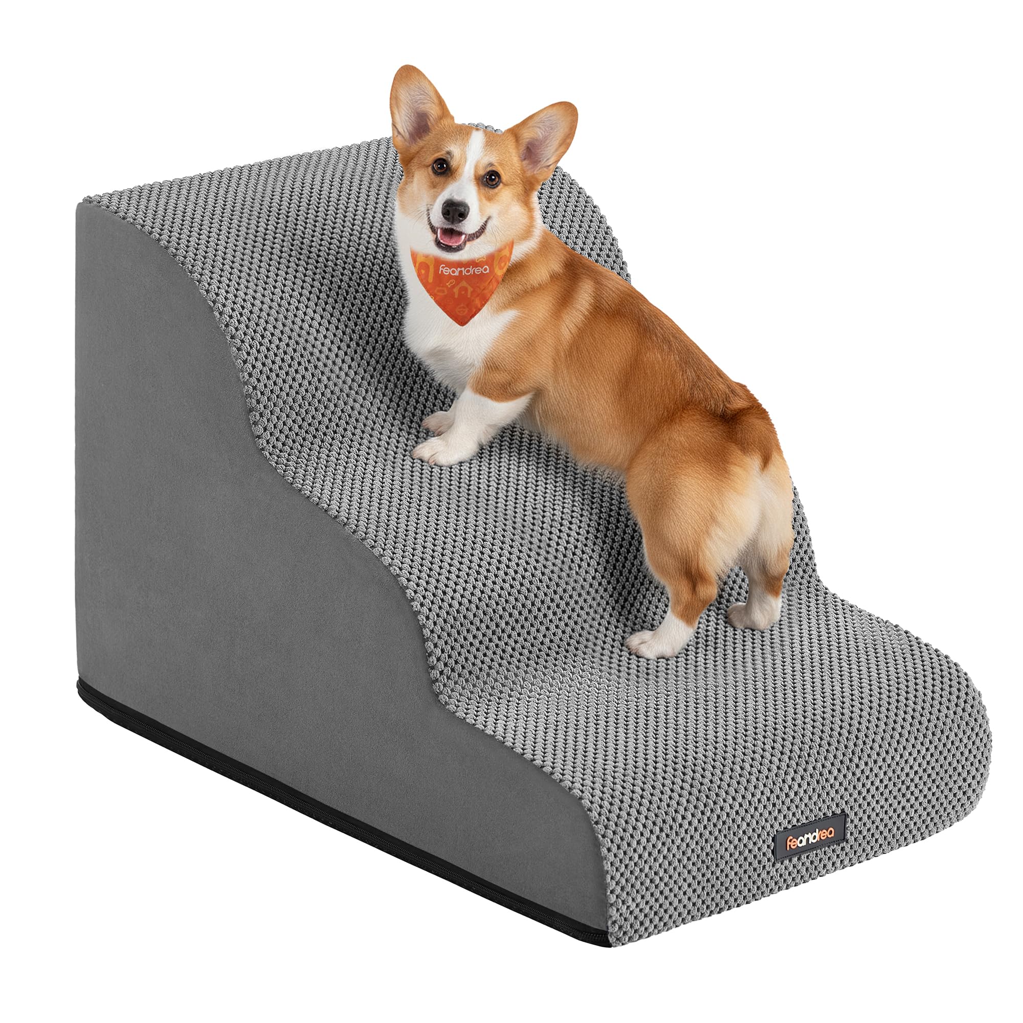 Feandrea Escalier pour Chien, à 3 Marches, Velours Gaufré, Antidérapant | Marches pour Chien, Imperméable, Pente Douce, Housse Amovible Lavable, Poignée, Gris Tourterelle, BADDI PPS013GD01
