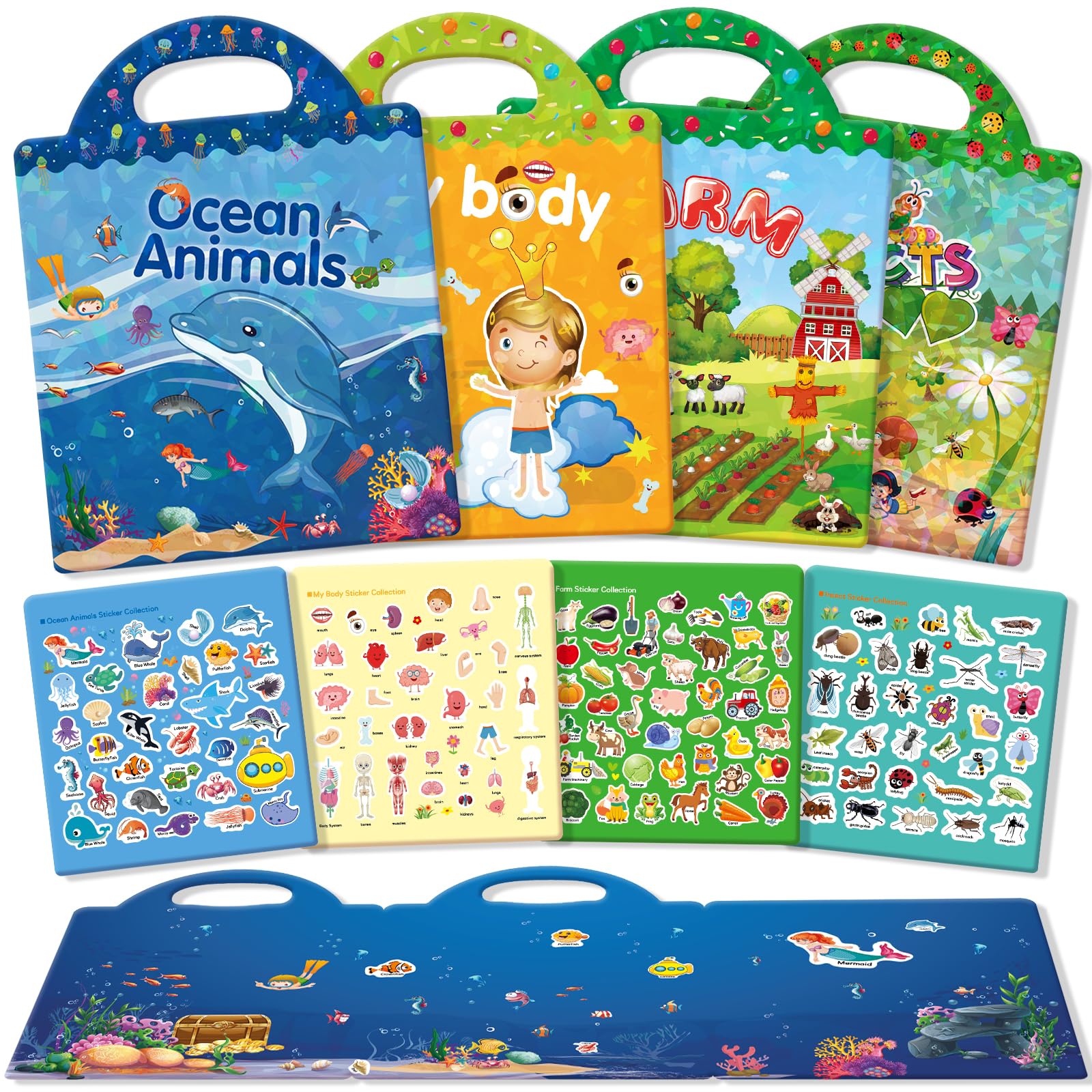 GUYUCOM Livres Gommettes Enfants, Set 4-Animaux Marins,Ferme,Insectes,Corps | Autocollant Réutilisables, Stickers Book Transparents, Cadeaux d’Anniversaire Jouets Éducatifs Garçons Filles 2 3 4 5 6 Ans
