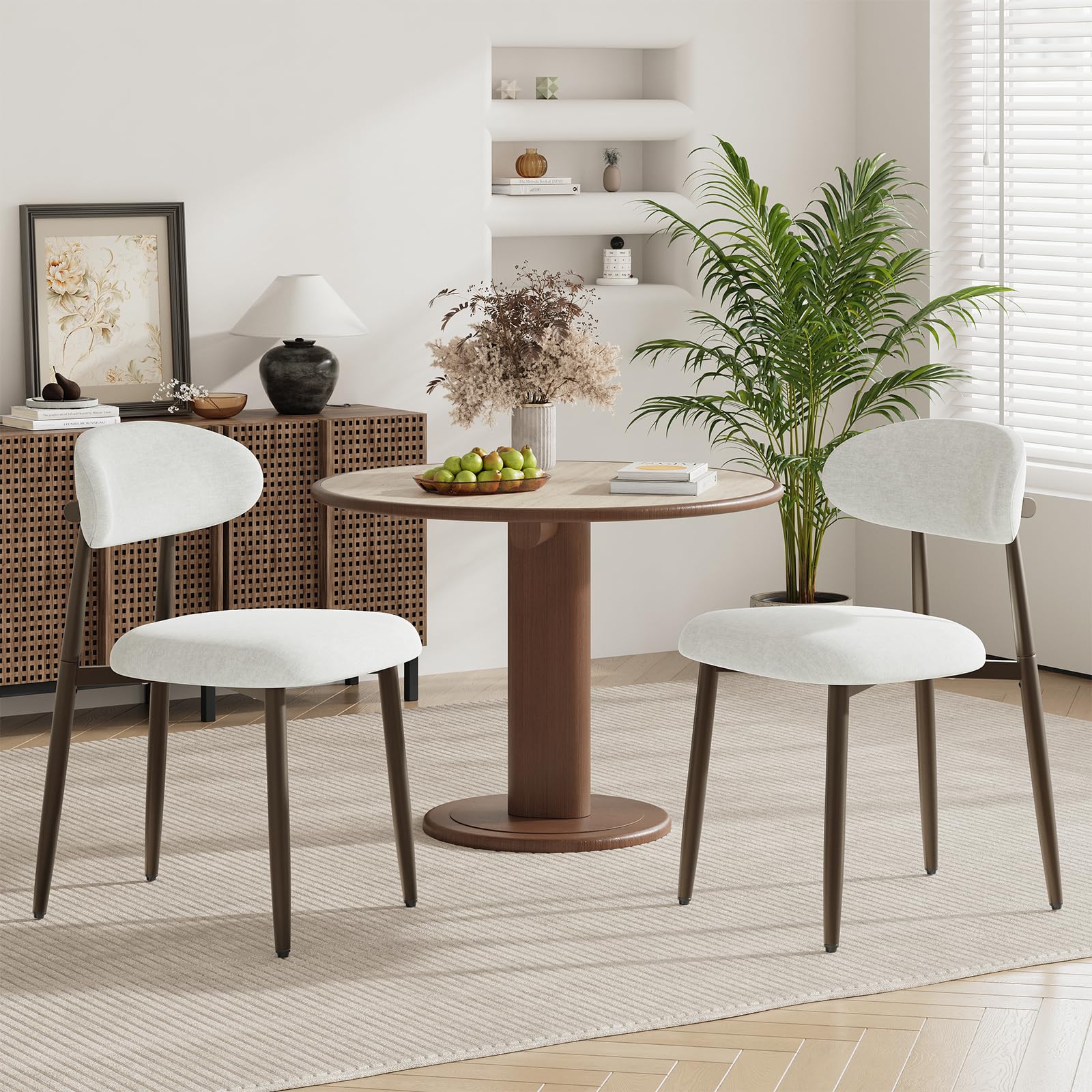 MALOL Lot de 2 chaises de Salle à Manger rembourrées, Dossier courbé Ergonomique, piétement en métal, chaises Modernes en Tissu pour Salle à Manger, Cuisine, Salon, Chambre,Beige