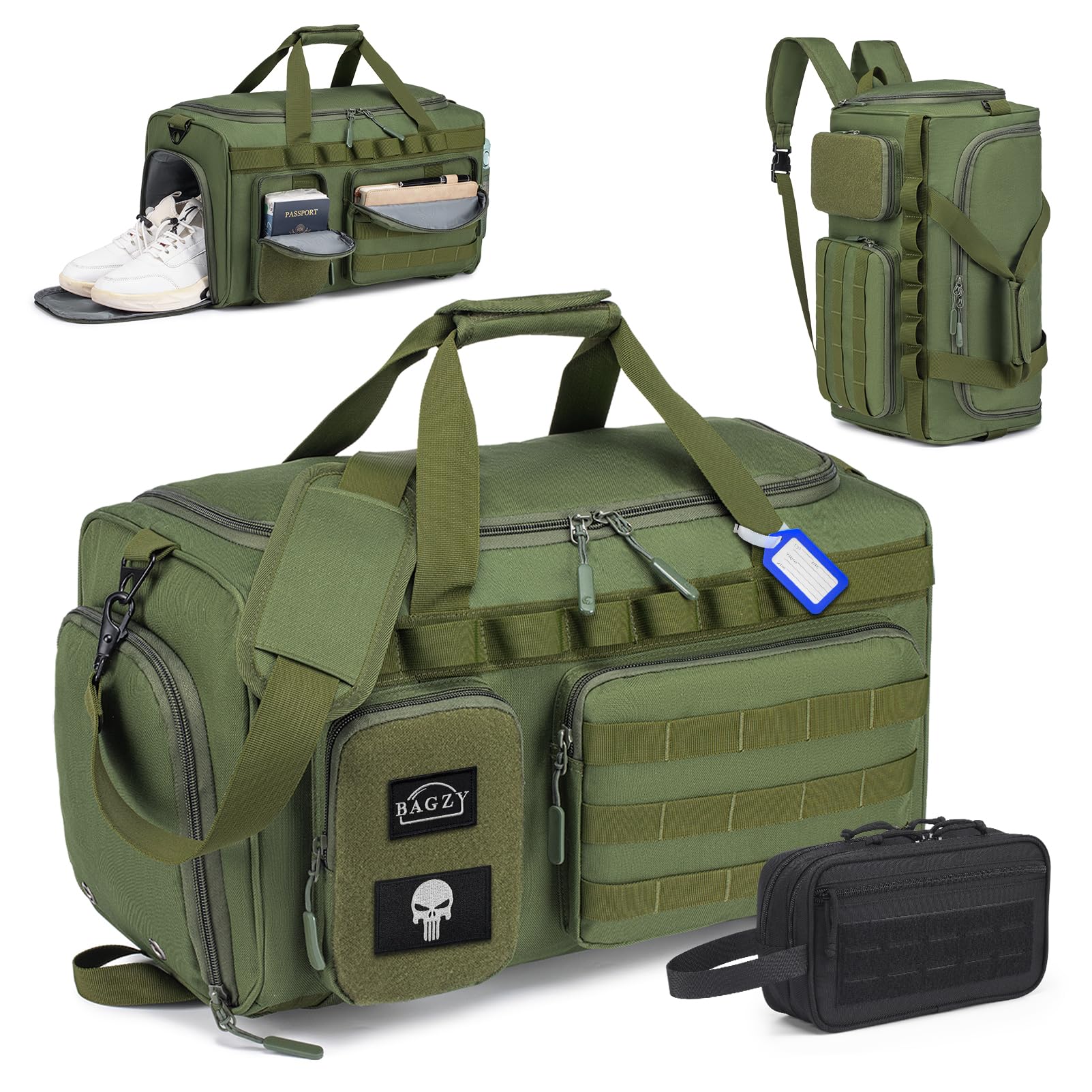 BAGZY Sac de Sport Homme 40L Sac de Voyage Tactique Militaire Imperméables Sacs Equitation avec Compartiment à Chaussures pour Voyage Sport Fitness Weekender Camping avec Trousse de Toilette Vert