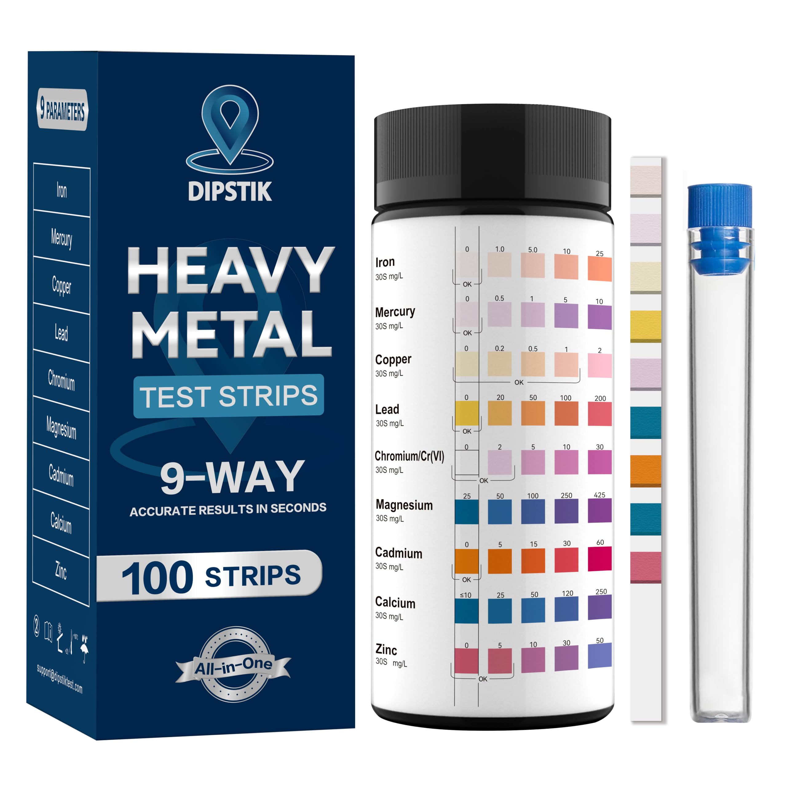 DIPSTIK Lot de 100 bandelettes de test d'eau potable 9 en 1 pour l'eau potable, kit de test d'eau domestique pour fer, mercure, cuivre, plomb, chrome, magnésium, cadmium, calcium, zinc