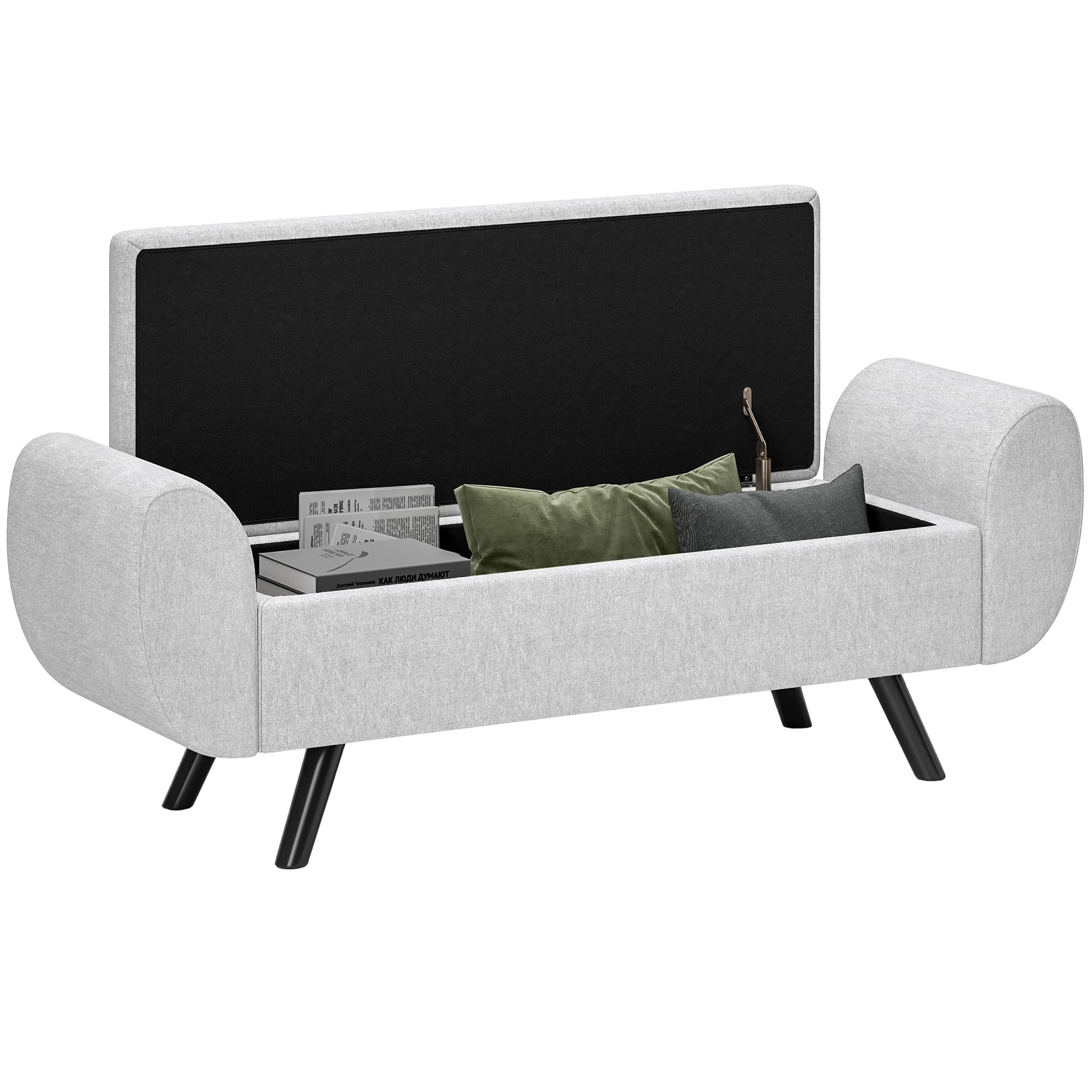 HOMCOM Banc de Rangement 53,8L avec Accoudoirs 132 x 42 x 50 cm Gris | Pouf Salon, Bout de Lit, Coffre de Rangement, Repose-Pieds, Siège Rembourré en Lin, pour Salon Chambre Entrée