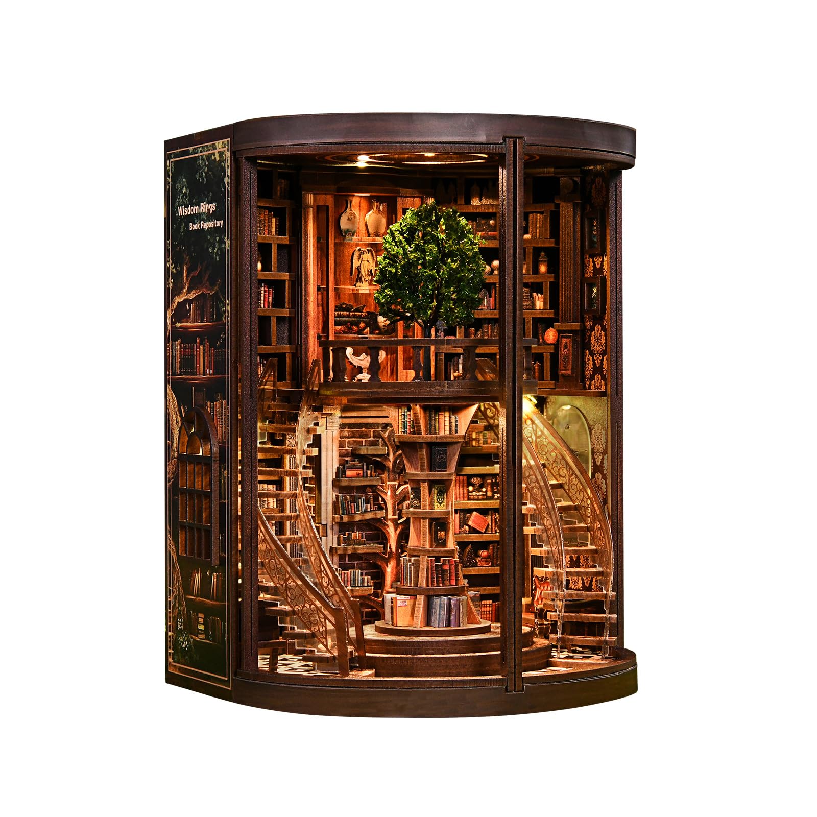 BATTREVO Book Nook Kit-Archives du Livre des Anneaux de Sagesse-Buchstütze Aus Holz und 3D-Puzzle mit LED-Licht, DIY Set Erwachsene,Kit de décoration de bibliothèque