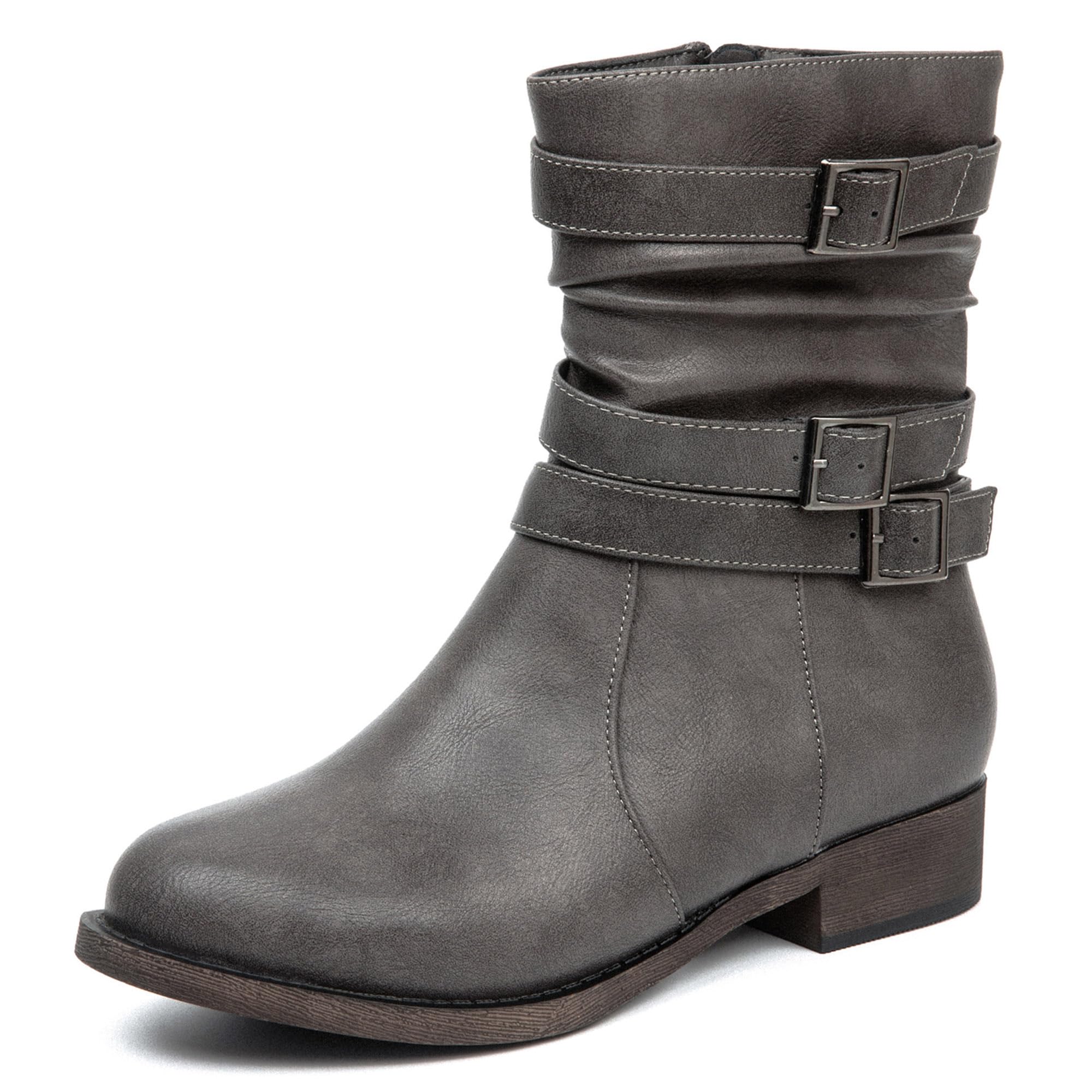 Veittes Bottes Femme mi-Mollet Plates en Simili-cuir | Bottes Moto Western Femme à Bout Rond, Talon de 1,26 Pouces, Mollet Large, Zip Intérieur