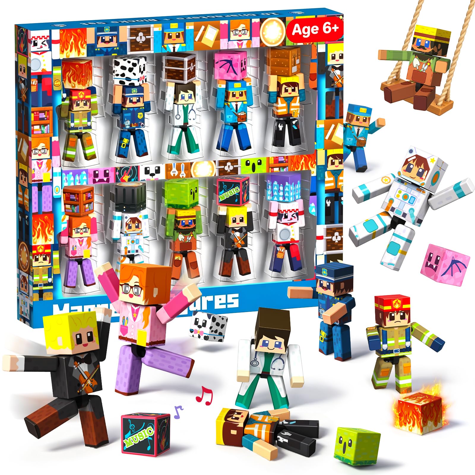 Magneverse Lot de 20 Pièces Figurines Magnétiques, 10 Personnages Articulés avec Cubes Magnétiques, Compatibles avec Blocs de Construction Magnétiques, Jouet Éducatif STEM pour Enfants dès 6 Ans