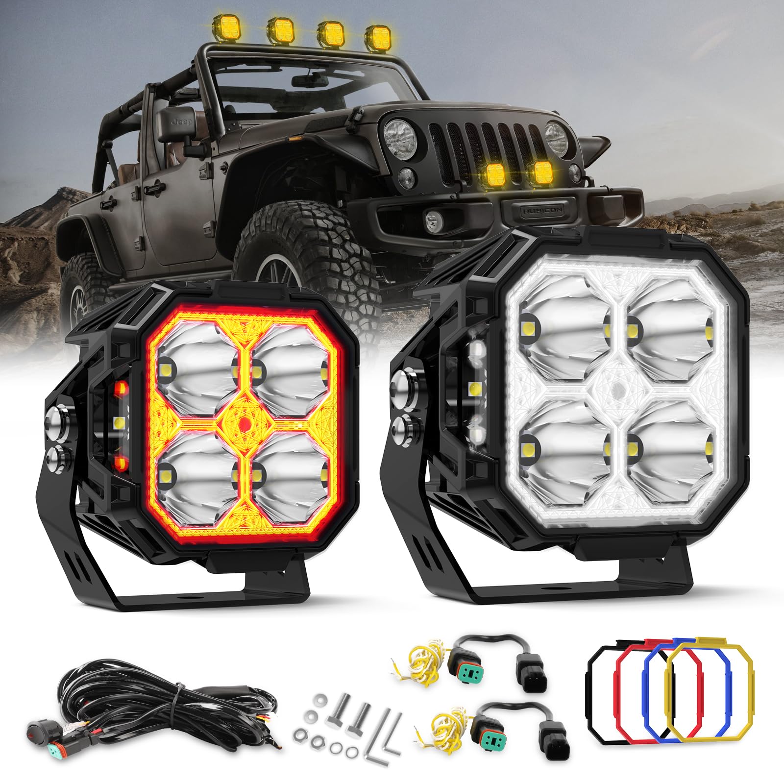BraveWAY 3 Pouces Phare De Travail LED Carré avec Éclairage Latéral, 2PCS 70W 15000LM Longue Portée LED, 270 °Pods Flood Beam Projecteur Beam，Blanc Ambre pour Trucks Pickup Voiture Tracteur Moto