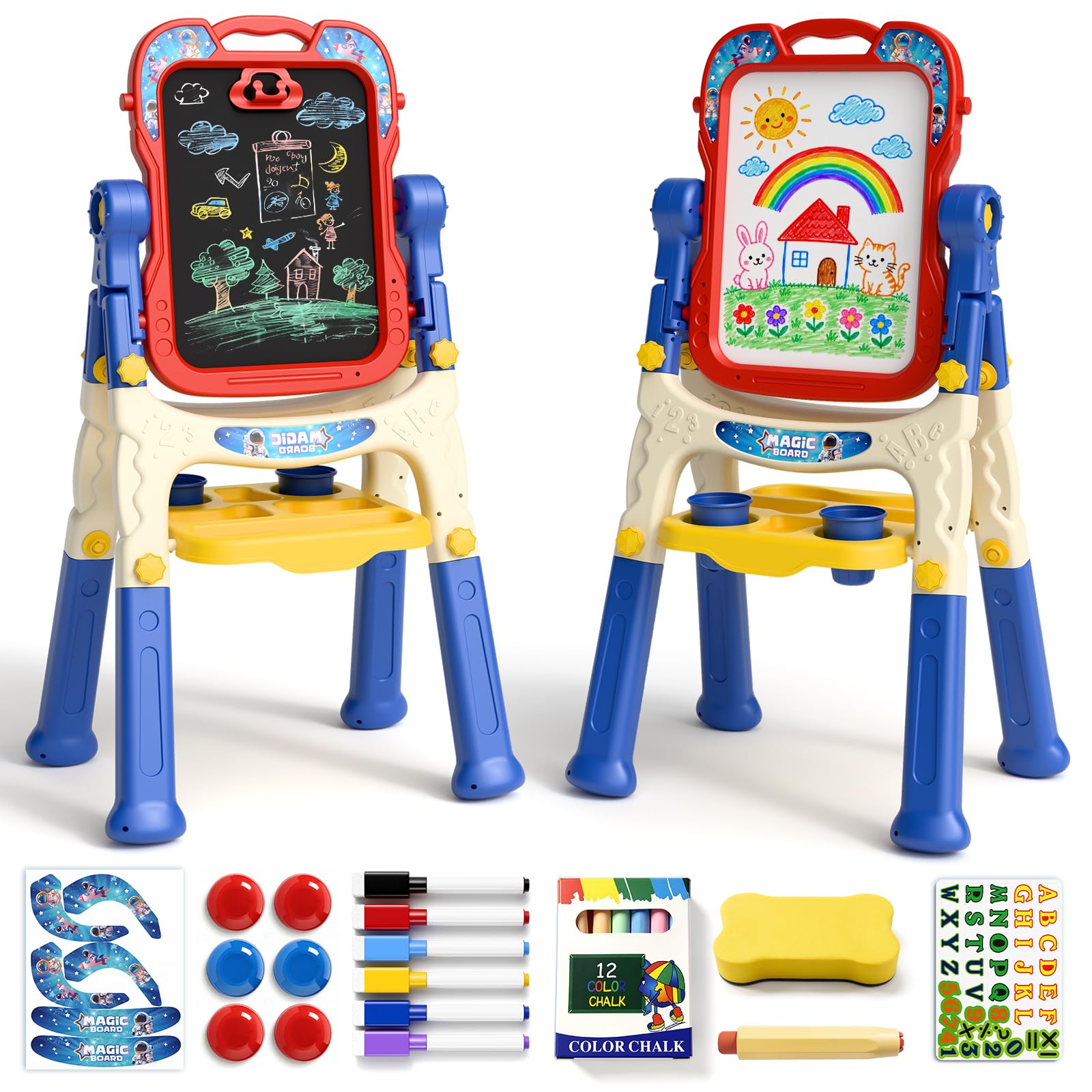 EUCOCO Tableau Enfant Double Face, Jouet Enfant 1 2 3 4 5 6 Ans Cadeau Garcon 1 2 3 4 5 6 Ans Jouet Garcon 1-6 Tableau Chevalet Peinture Educatif Jeux Tablette Dessin Cadeau Anniversaire Garcons