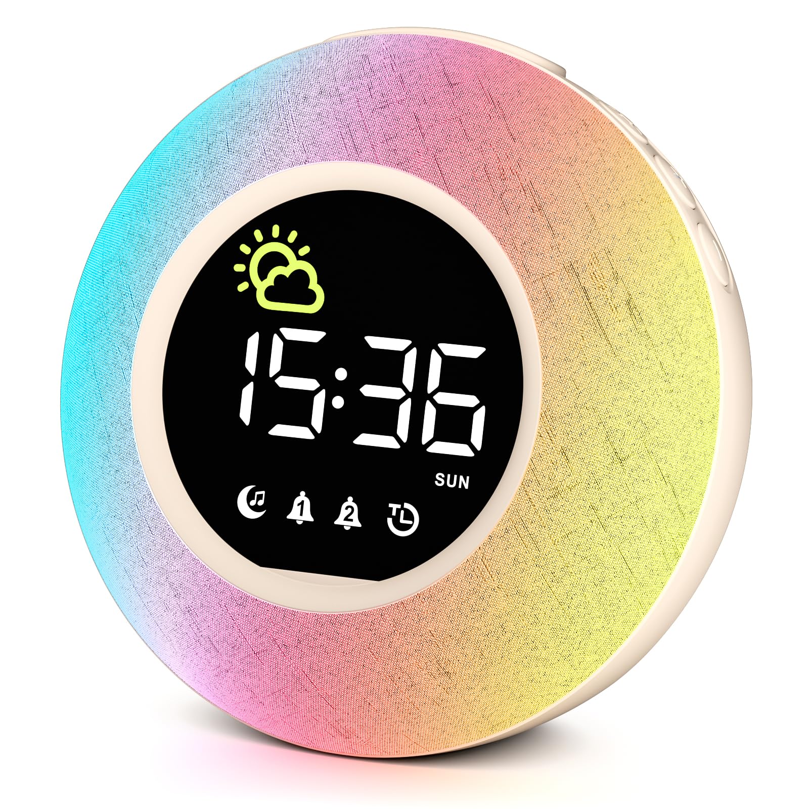 HERMIC Réveil Enfant Lumineux avec Veilleuse LED RGB, Minuteur, Double Alarme, 12/24H, Luminosité et Son Réglables (Adaptateur Inclus)