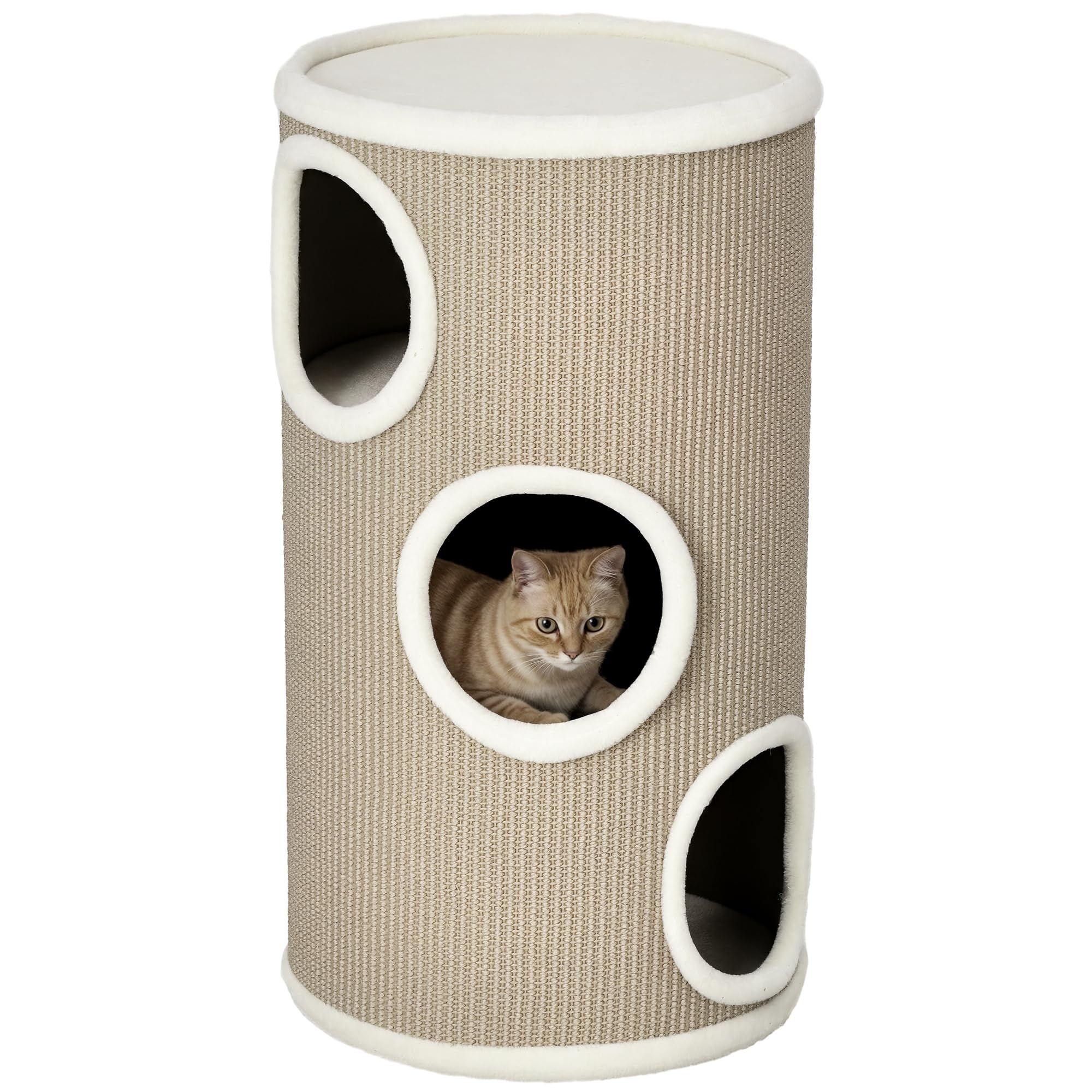 PawHut Tonneau à Gratter pour Chat 3 Niveaux, Ø 38 x 70 cm, Marron | Tour à Griffer en Sisal, Arbre à Chat, Recouvert de Peluche