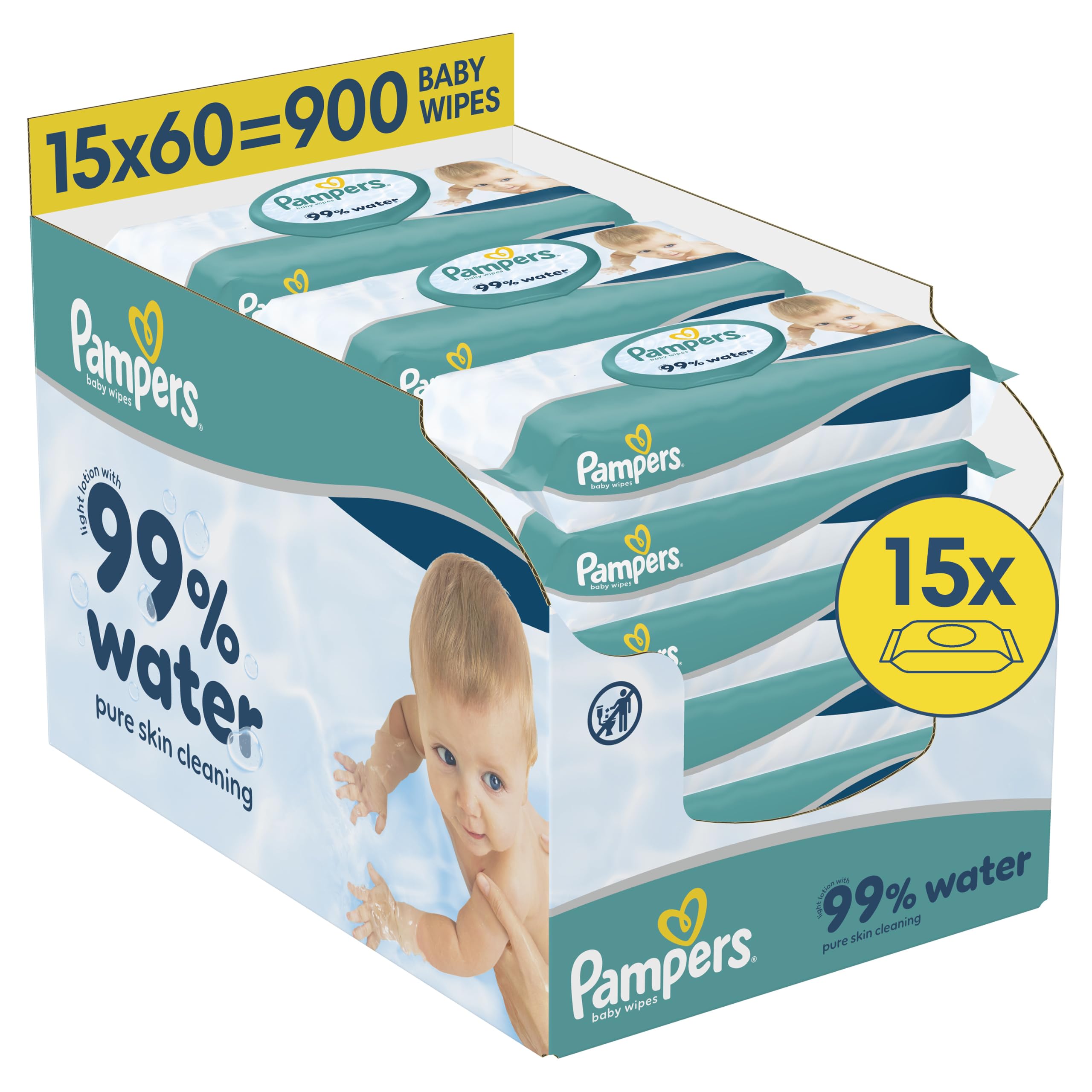 Pampers 99% D'Eau Lingettes Bébé x900 | 15 Paquets De 60 Lingettes Bébé. Lotion Douce, 99% D’Eau