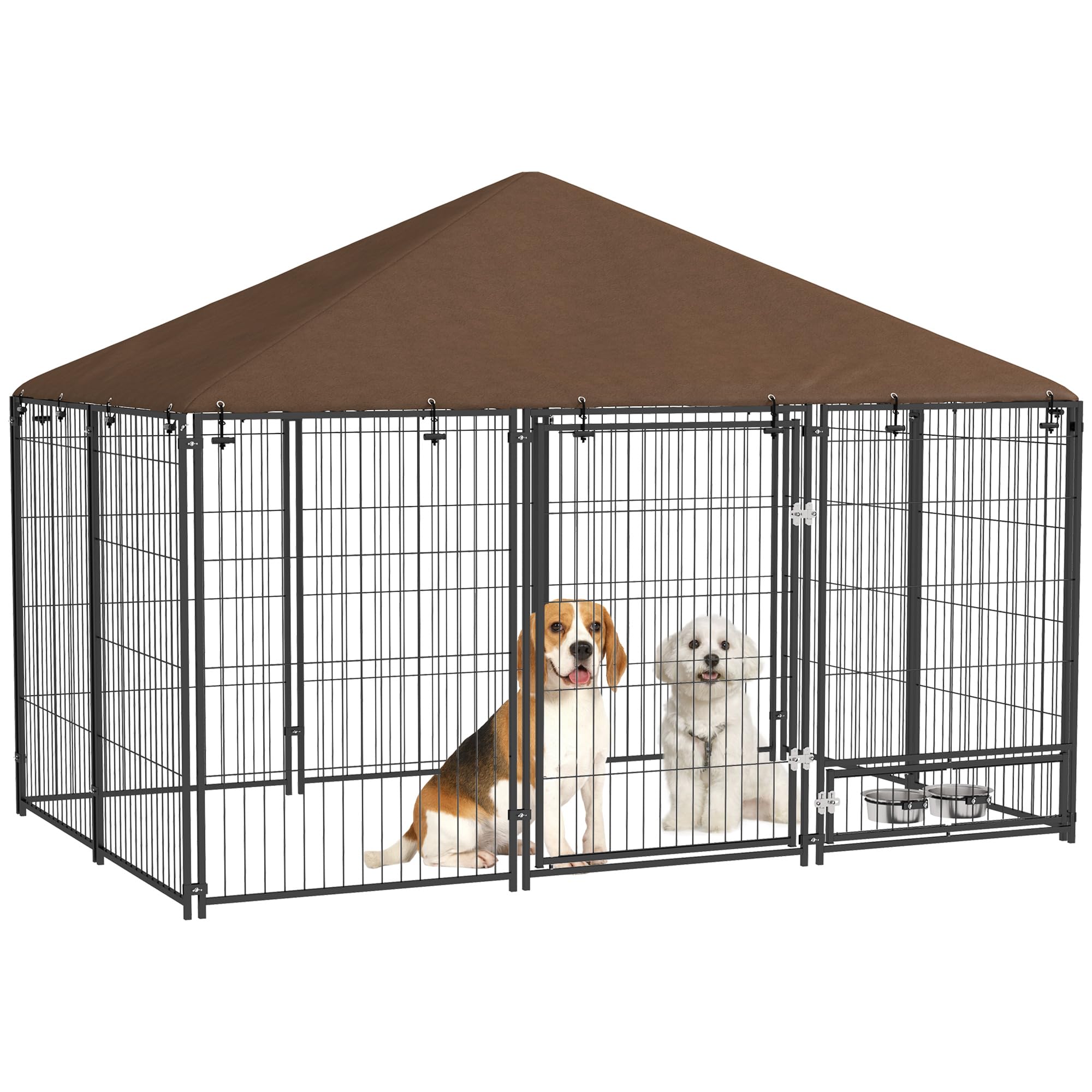 PawHut Chenil Extérieur pour Chiens 10 Panneux 211x141x151cm Noir | Enclos Chien Extérieur, Métal et Tissu Oxford, Support Gamelle, Toit Résistant aux Intempéries, Espace Spacieux