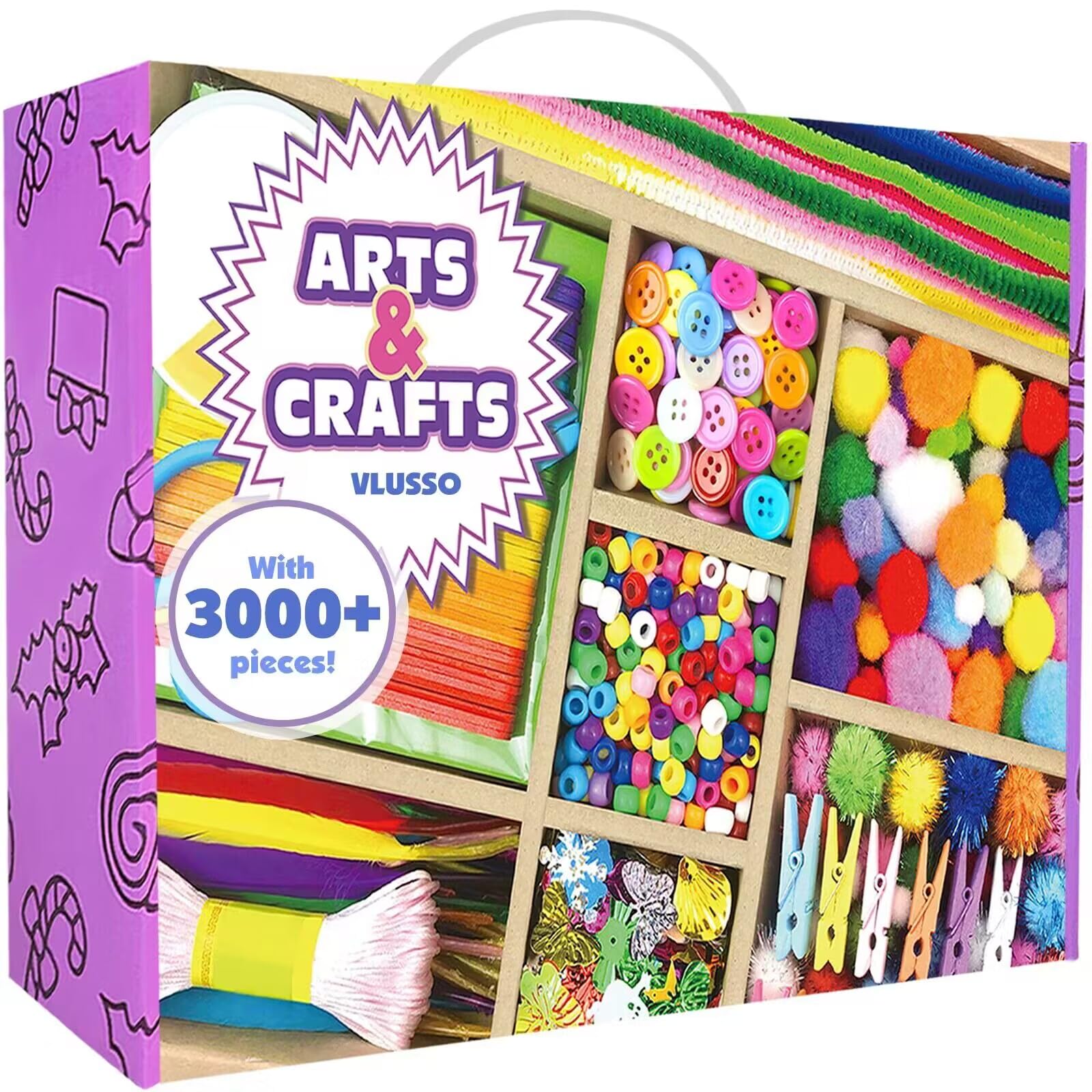 VLUSSO 3000Pcs Activites Manuelles pour Enfants Kit Bricolage Activité Manuelle Enfant pour 4-12 Ans, Fournitures Éducatives Loisirs Créatifs pour Enfants Pipe Cleaners Pompons Plume