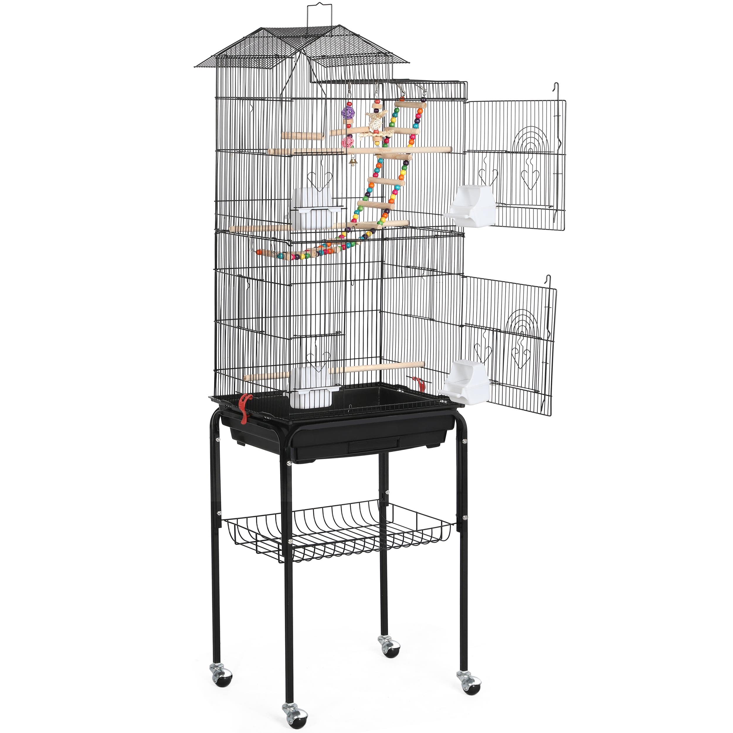 Yaheetech Cage Oiseau 46 x 36 x 159 cm Noir avec Support Détachable | pour Canaris Perruches, avec Toit Ouvrant, Poignée, Intérieur et Extérieur, Plateau Coulissant Amovible