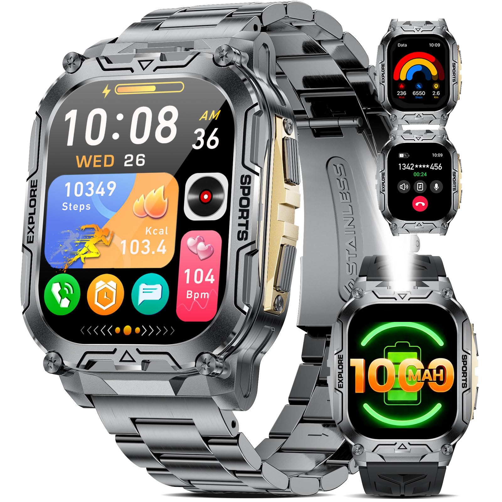 HIRREO Montre Connectée Homme avec 1000 mAh,2.01'HD Grand Écran Fitness Tracker avec Sommeil/Fréquence Cardiaque,Podomètre,Sport Smartwatch Homme pour Android iOS,Doré