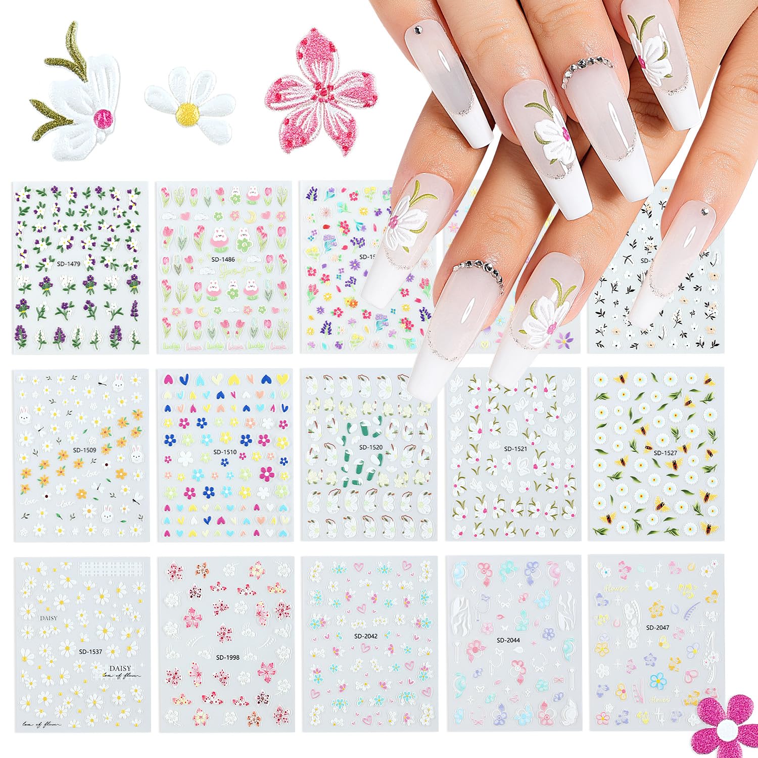 Nicedeco 15 Feuilles Fleur Stickers Ongles Mix Couleurs Autoadhésif Autocollants Ongles Nail Art Décoration 01