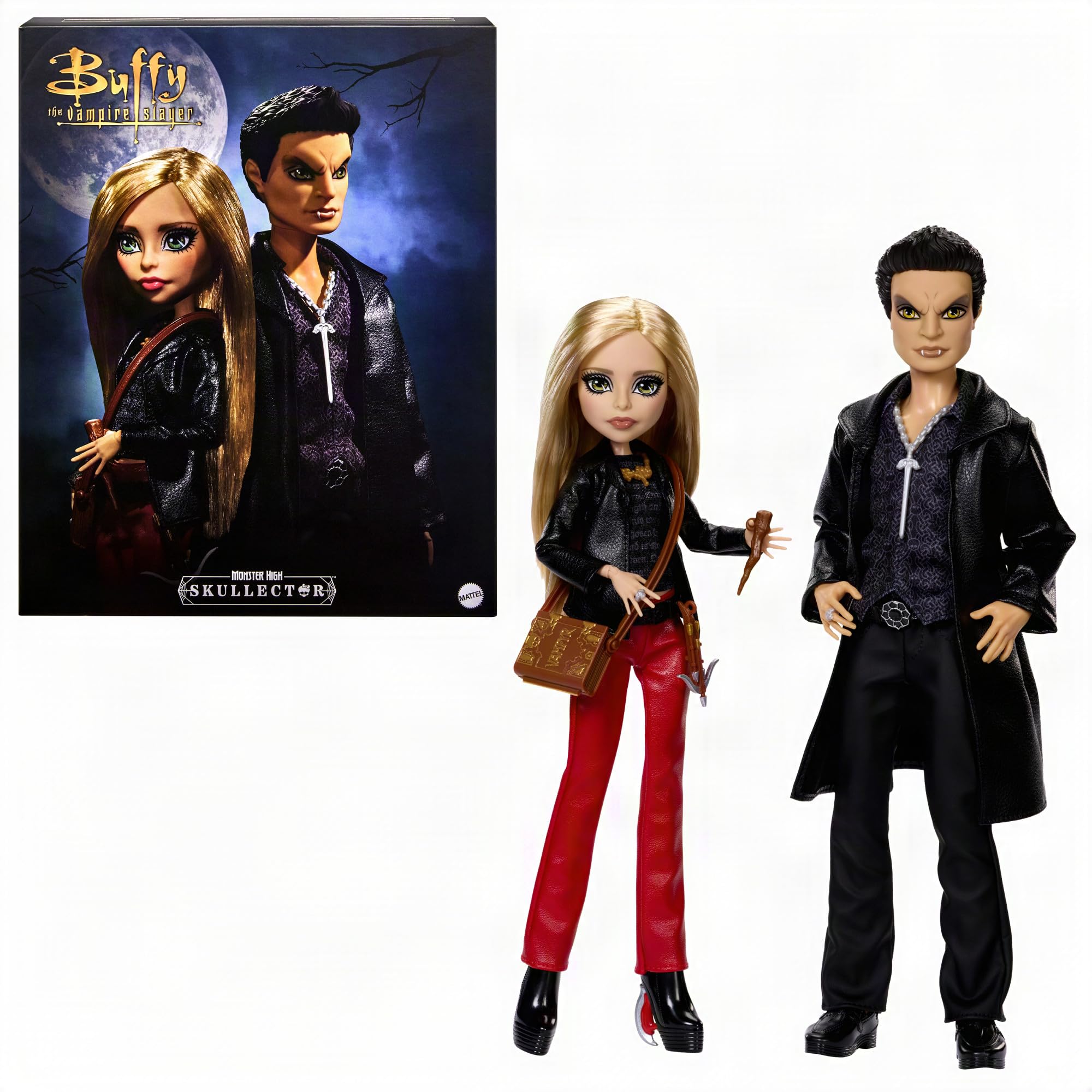 Monster High Skullector Buffy contre les vampires Coffret 2 poupées | Buffy et Angel coffret collection, vêtements similicuir, accessoires comme pieu et arbalète, socles, JLL00