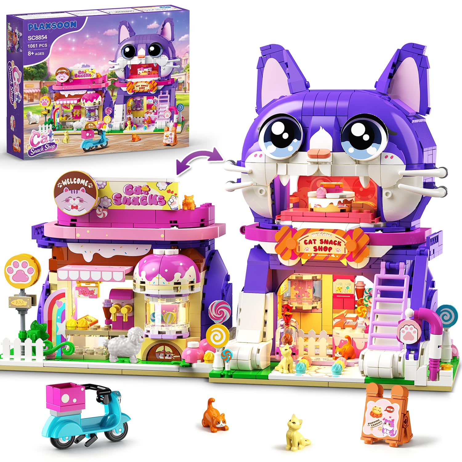 PLAXSOON Friends Maison Chat avec Lumière pour Filles 8-12+ | Jouet de Construction Boutique Snacks Chat avec 3 Expressions, Scooter de Livraison, Maison Miniature Enfants Adultes