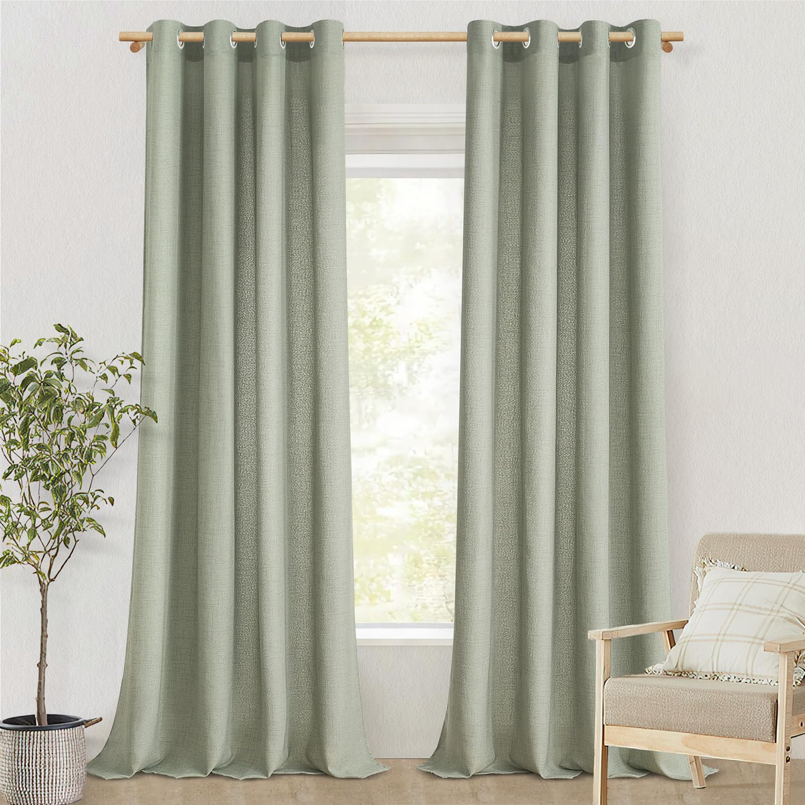 MRTREES Rideau Voilage Vert Sauge Effet Lin Transparent Passer Lumière Rideaux Voilages Intérieurs avec Oeillets Élégant et Beau pour Salon Chambre Salle à Manger Baie Vitrée, 140x225 CM, Lot de 2
