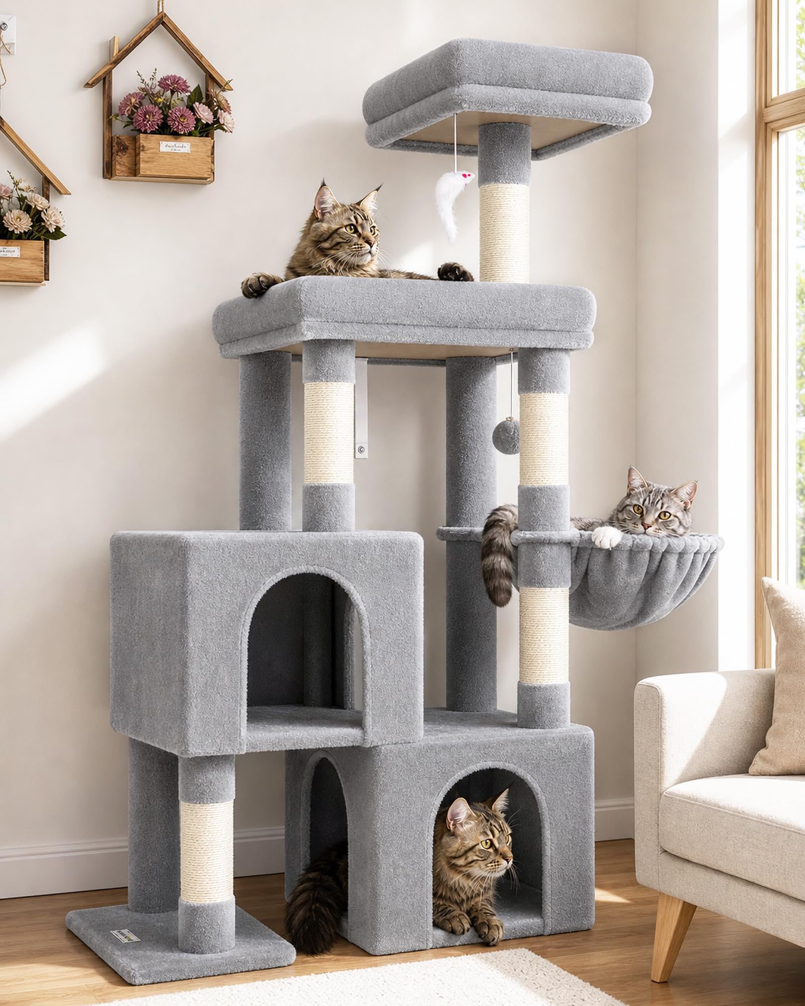 Globlazer S52 Arbre a Chat Stable 134cm pour Chaton Grand Chat Adulte Vieux | Arbre a Chat avec 2 Niches, Grande Doux Rembourrage Plate-Forme, Perchoirs, Paniers pour Chaton Chat Vieux Repos Jeu Gratter