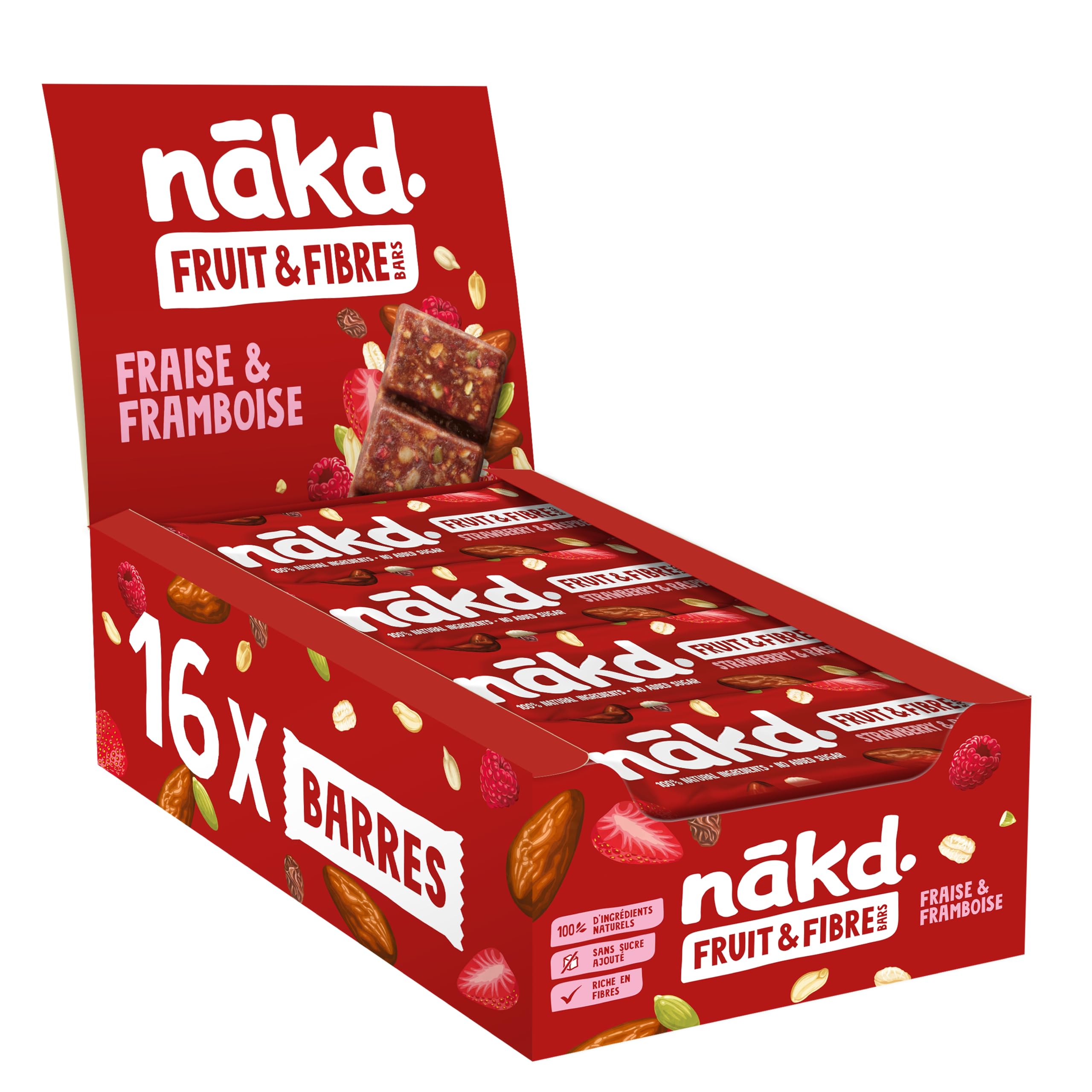 Nākd. Fruit & Fibre Fraise & Framboise | Raw Barres | 16 x 44g (704g) | Vegan | Sans Gluten | Riche en Fibres | 100% D'Ingrédients Naturels | Sans Sucres Ajoutés