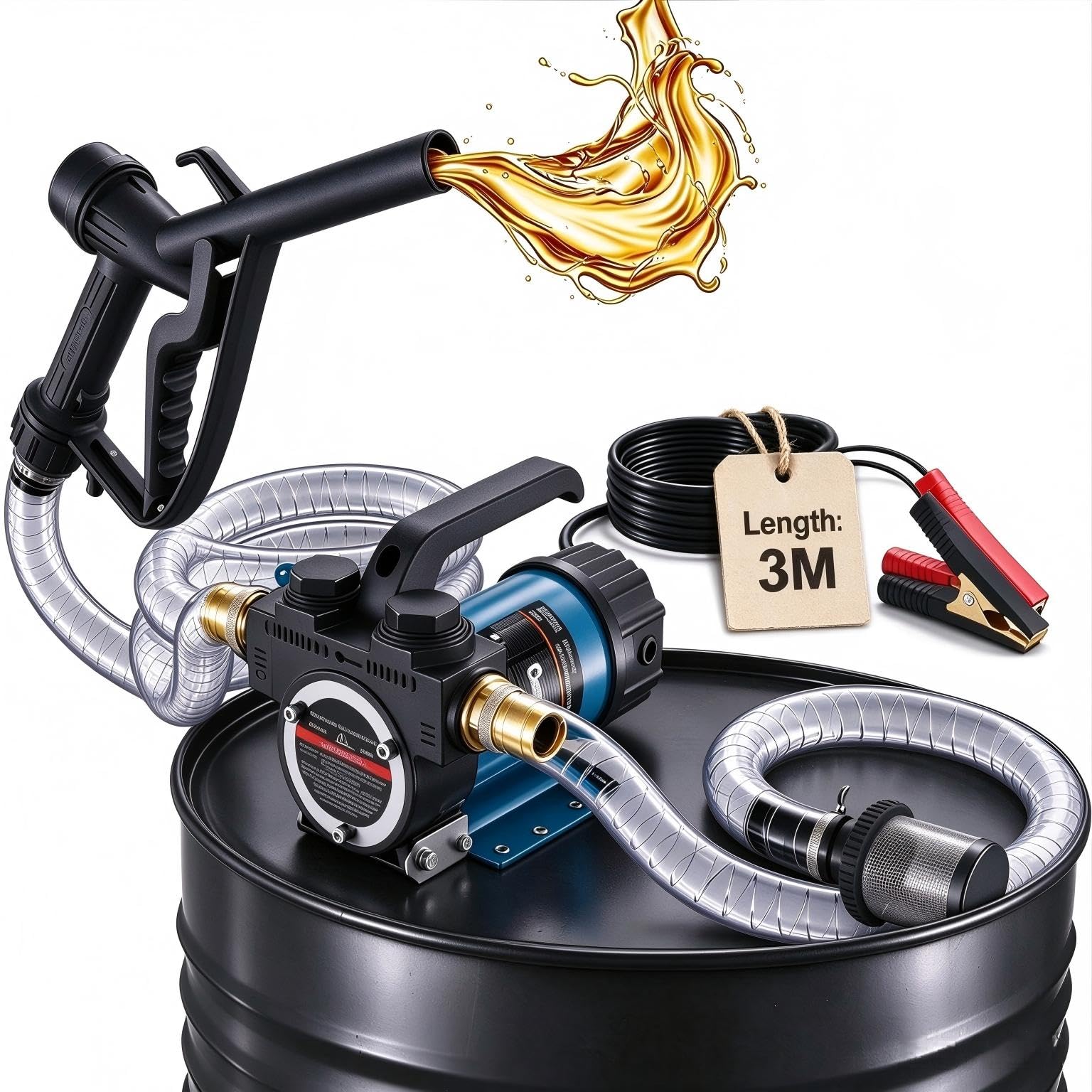 SEESII Pompe a gasoil 12V, Pompe gasoil electrique pour Diesel & Kerosene | 50 L/min Débit, moteur 200W, Max.5m aspiration & 10m hauteur, filtre, pistolet & 2x2m tuyaux pour tracteur camion générateur