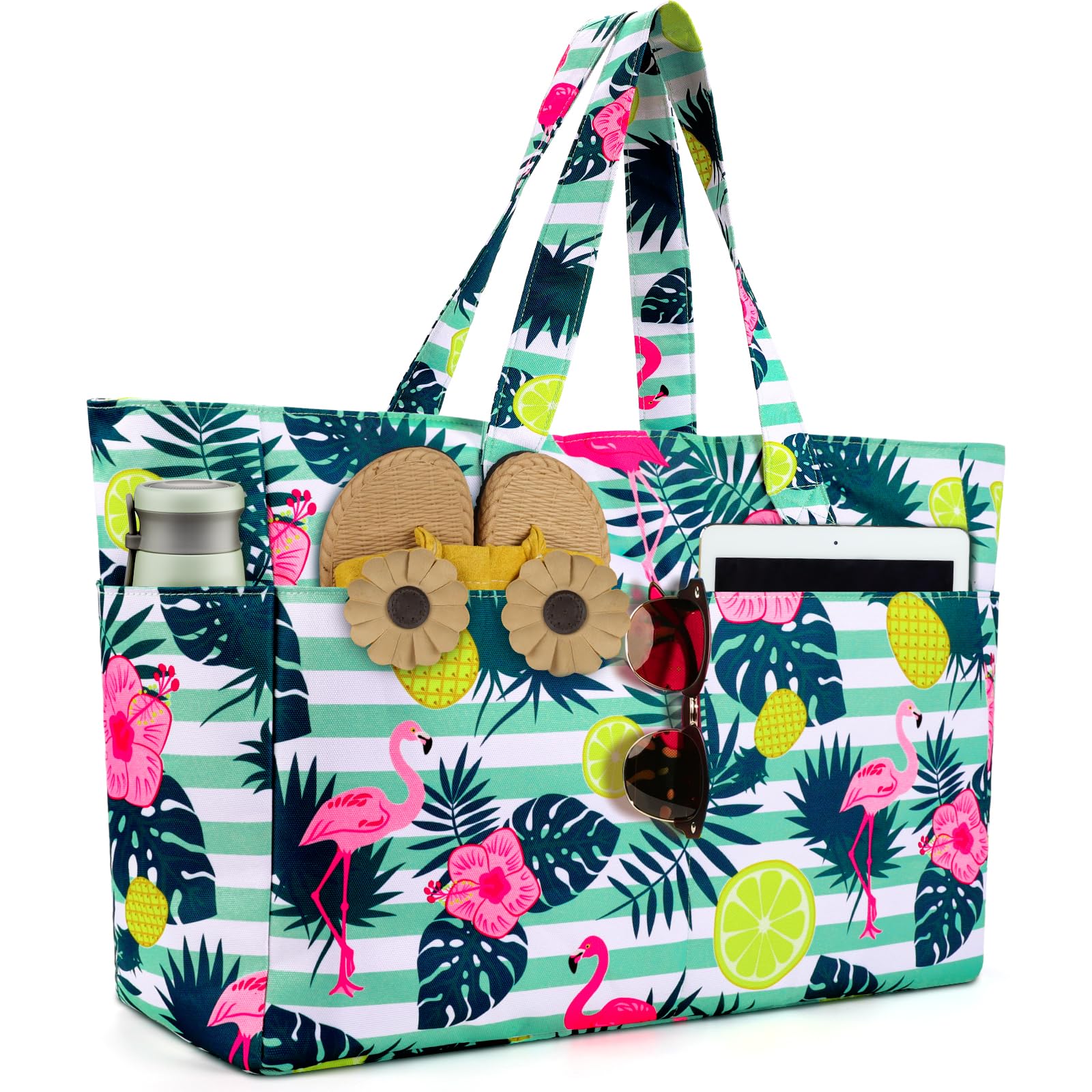 ISEYOU Grand Sac de Plage XXL Imperméable avec Fermeture Éclair, Sac Plage Pliable et Léger, Sacs de Plage Femmes Multi-Poches de Grande Capacité, Parfait pour Piscine, Shopping, Voyage, Vacances, Gym