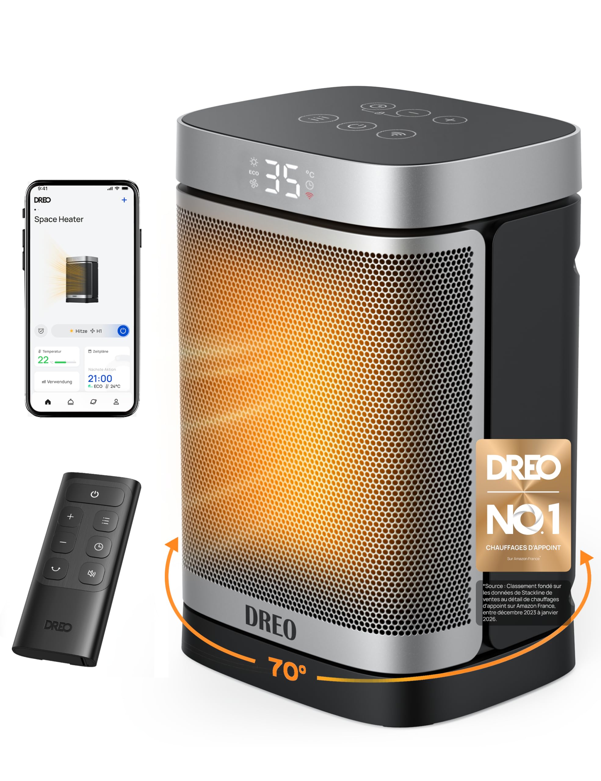 Chauffage d'appoint intelligent Dreo 1500W pour intérieur : Chauffage portable avec oscillation à 70°, compatible avec WiFi, Alexa et Google Assistant, avec thermostat et télécommande