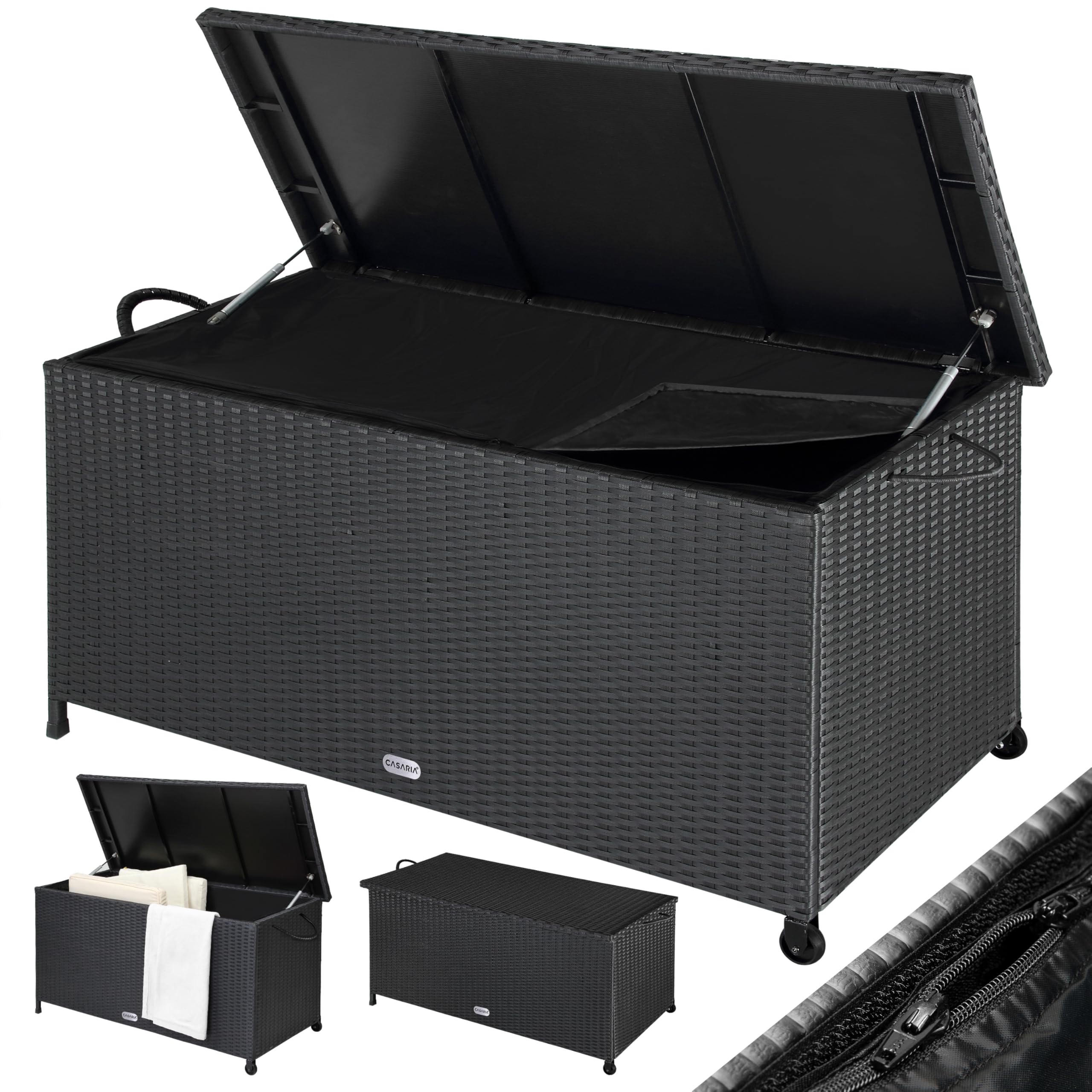 CASARIA Coffre de jardin XXL Noir | Malle de rangement, 270 L, en Polyrotin, à roulettes, Vérin à Gaz, Etanche, 117x53x60 cm, pour Jardin, Balcon ou Terrasse