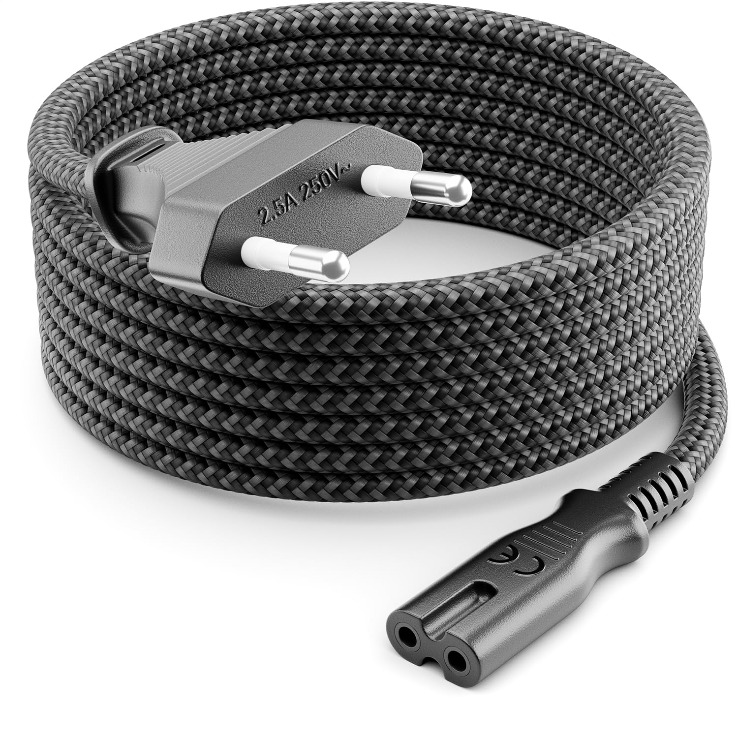 deleyCON 1m Câble Secteur Cordon D’Alimentation - Prise Européenne Type C vers C7 (Nylon Tressé) - Eurocordon Fiche Plate 2,5 A pour Prise C8 - TV, Barre de Son, PS4, PS5, etc. - Gris