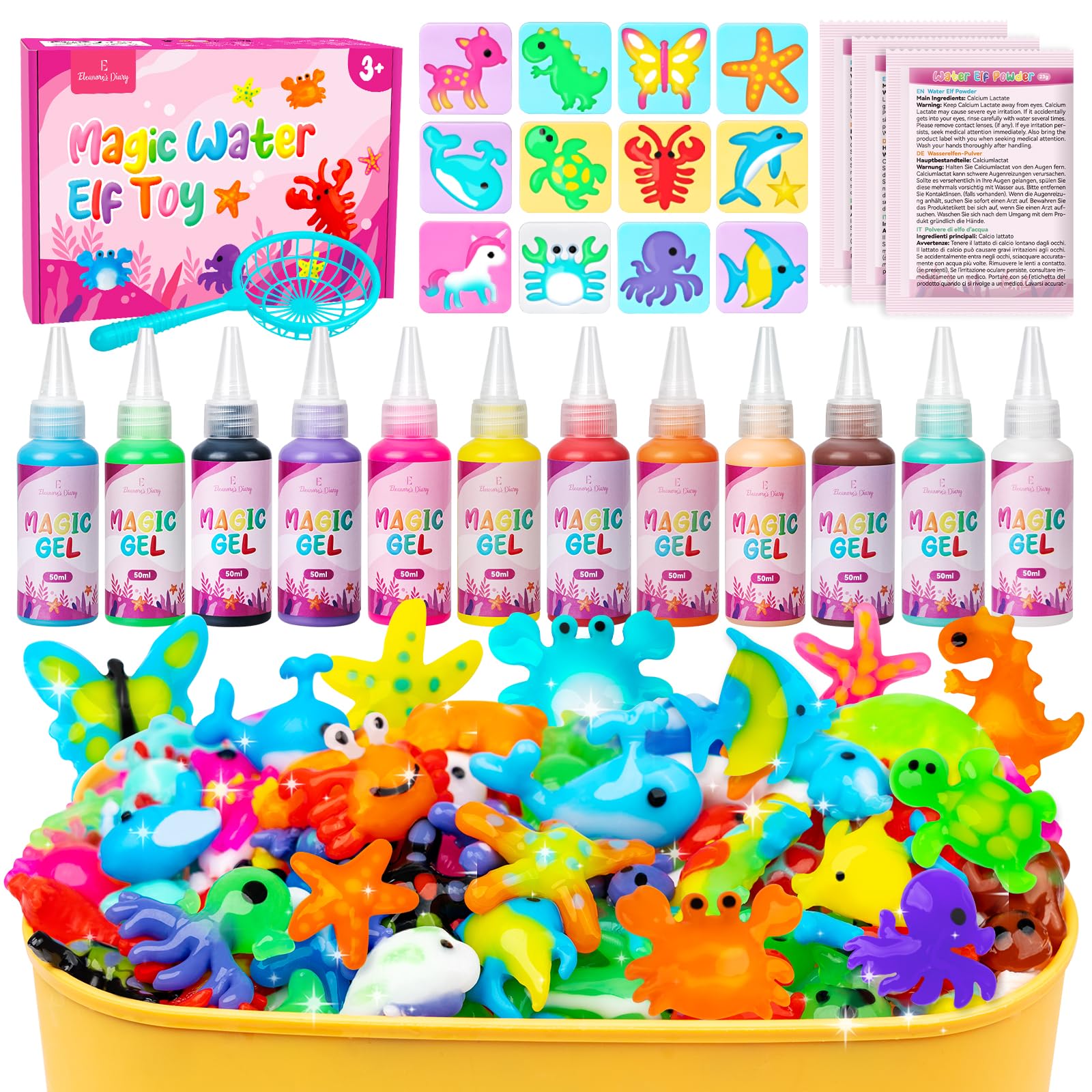 Eleanore's Diary Gels Magiques 3D CréAtifs, Aqua Gelz Set, Cadeau Enfant | DIY Magic Water Elf,12 Bouteilles de Gel Coloré, 12 Formes, Aqua Gel Kit,Activité Manuelle, Water Art pour Enfants 3+