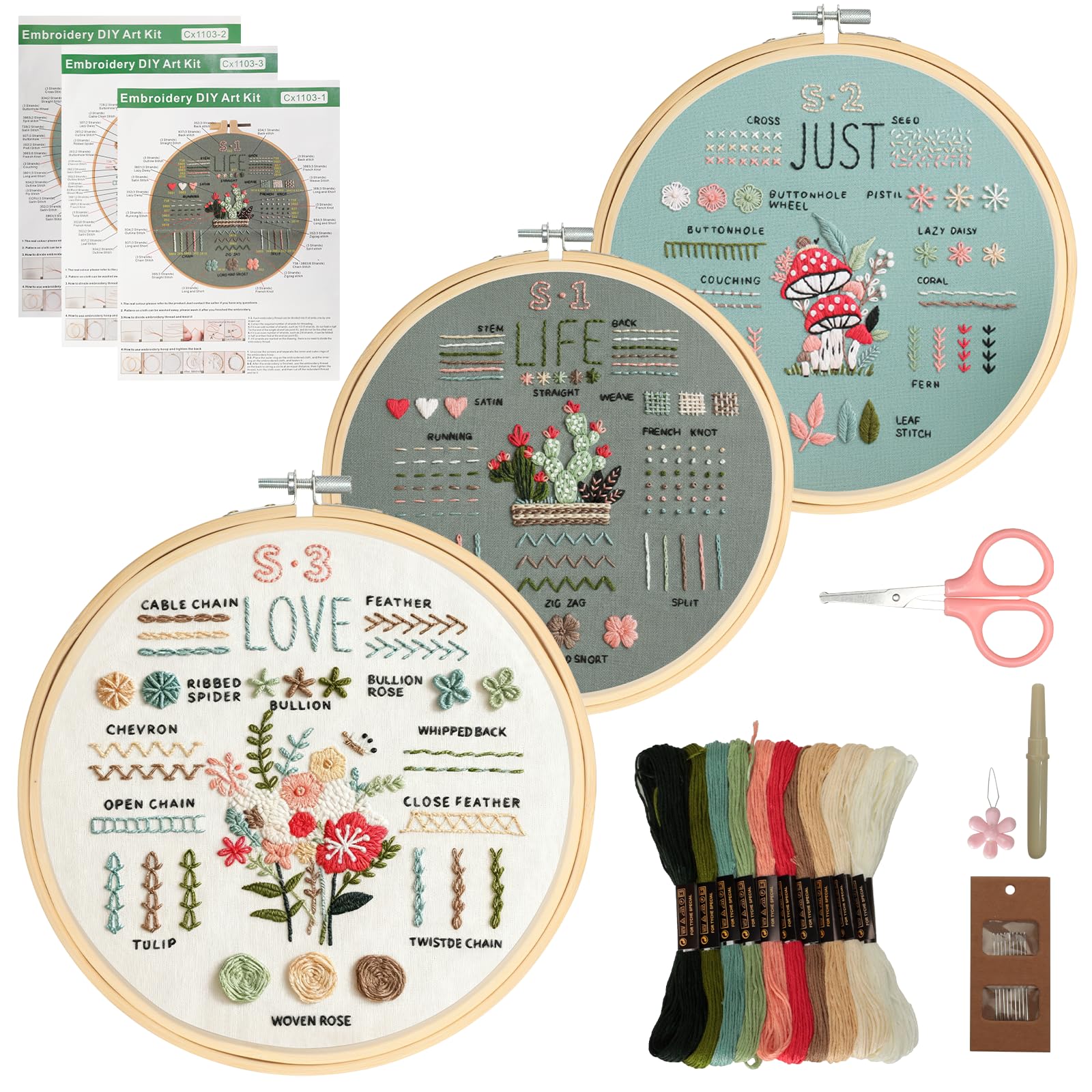 VINATO Kit de Broderie Débutant, Points à Apprendre, 3 Motifs Floraux, Cercle Bambou, Fils & Accessoires Complets - Coffret d'Initiation, Cadeau DIY & Loisir Créatif pour Adultes