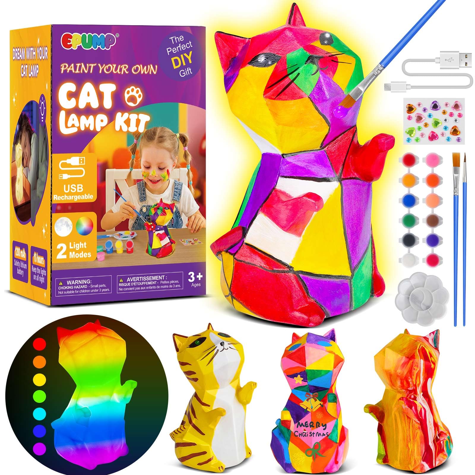 EPUMP Veilleuse Chat Rechargeable (1200 mAh) avec 2 Modes Lumineux – Kit Créatif DIY à Peindre, Jouet à Peindre et Cadeau pour Enfants de 5 à 12 ans