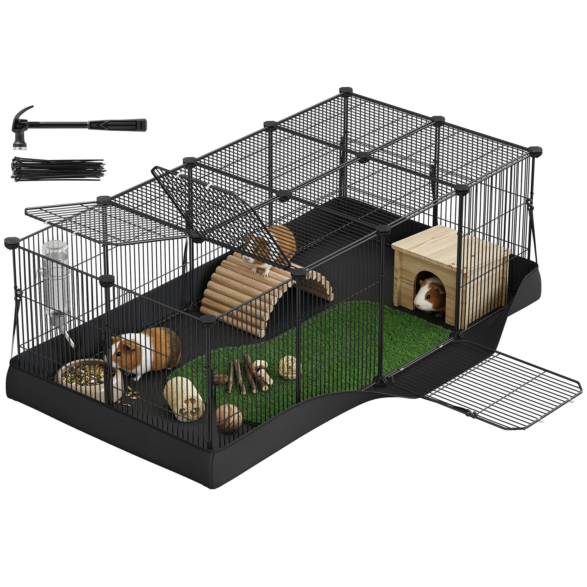 SONGMICS Enclos pour Petits Animaux, 20 Panneaux, 123 x 63 x 41,5 cm | Parc pour Lapins, Cochons d'Inde, Tapis Imperméable, 3 Portes, Noir d'encre, Collection DAMION LPI012BH01
