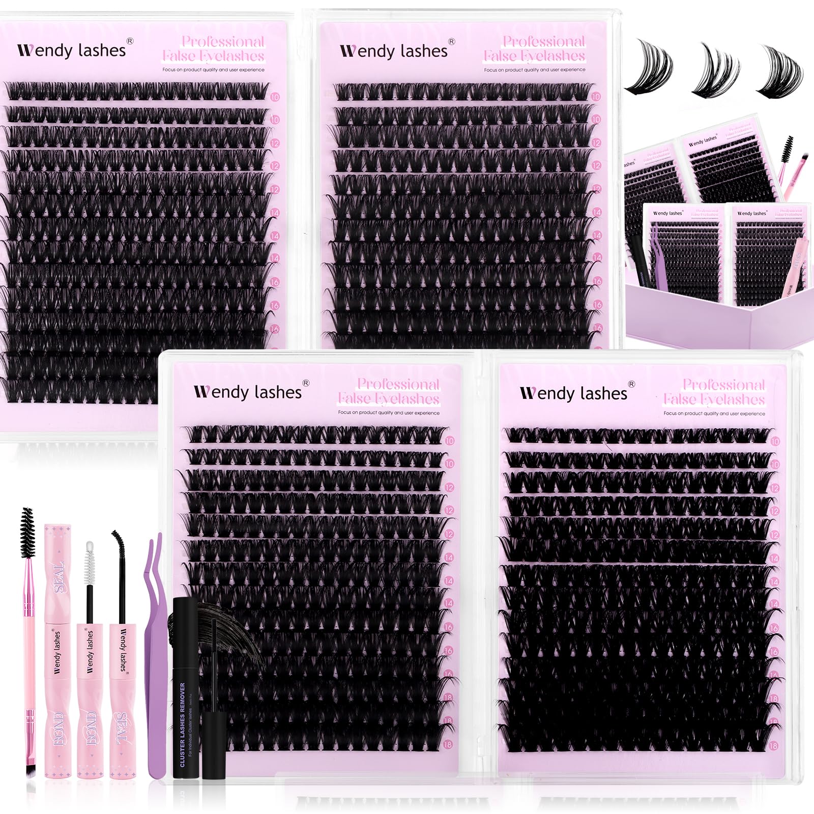 WENDY LASHES Kit Extension Cils 60D/80D/100D Cils Cluster Moelleux | Courbure D 10-18mm, kit DIY fourni colle, scellant, pince et brosse