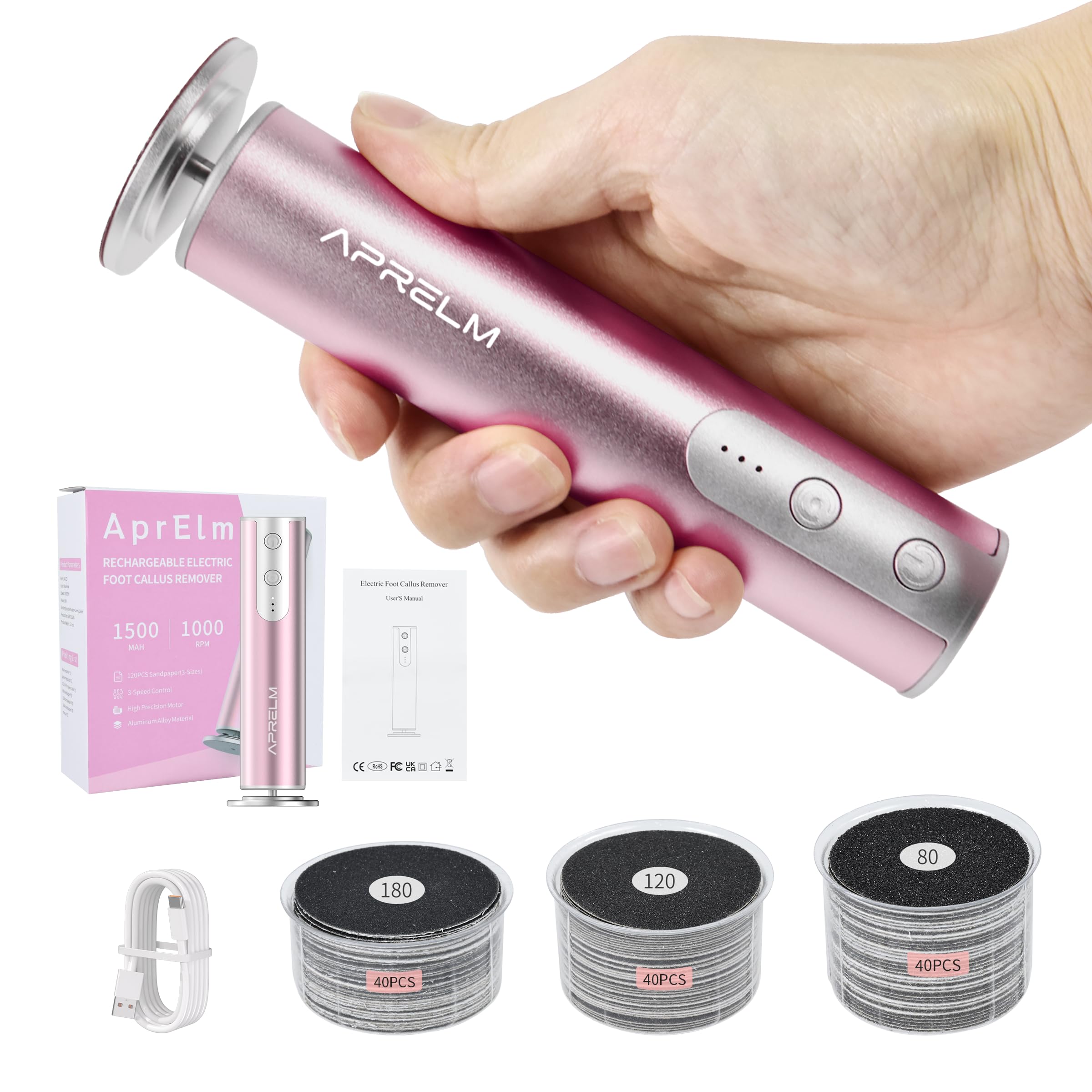 AprElm-Rechargeable Rapeuse Pieds Électrique - 120 Disques, 3 Vitesses jusqu'à 900 tr/min, en Aluminium ponceuse pieds electrique（E3-Rosa）