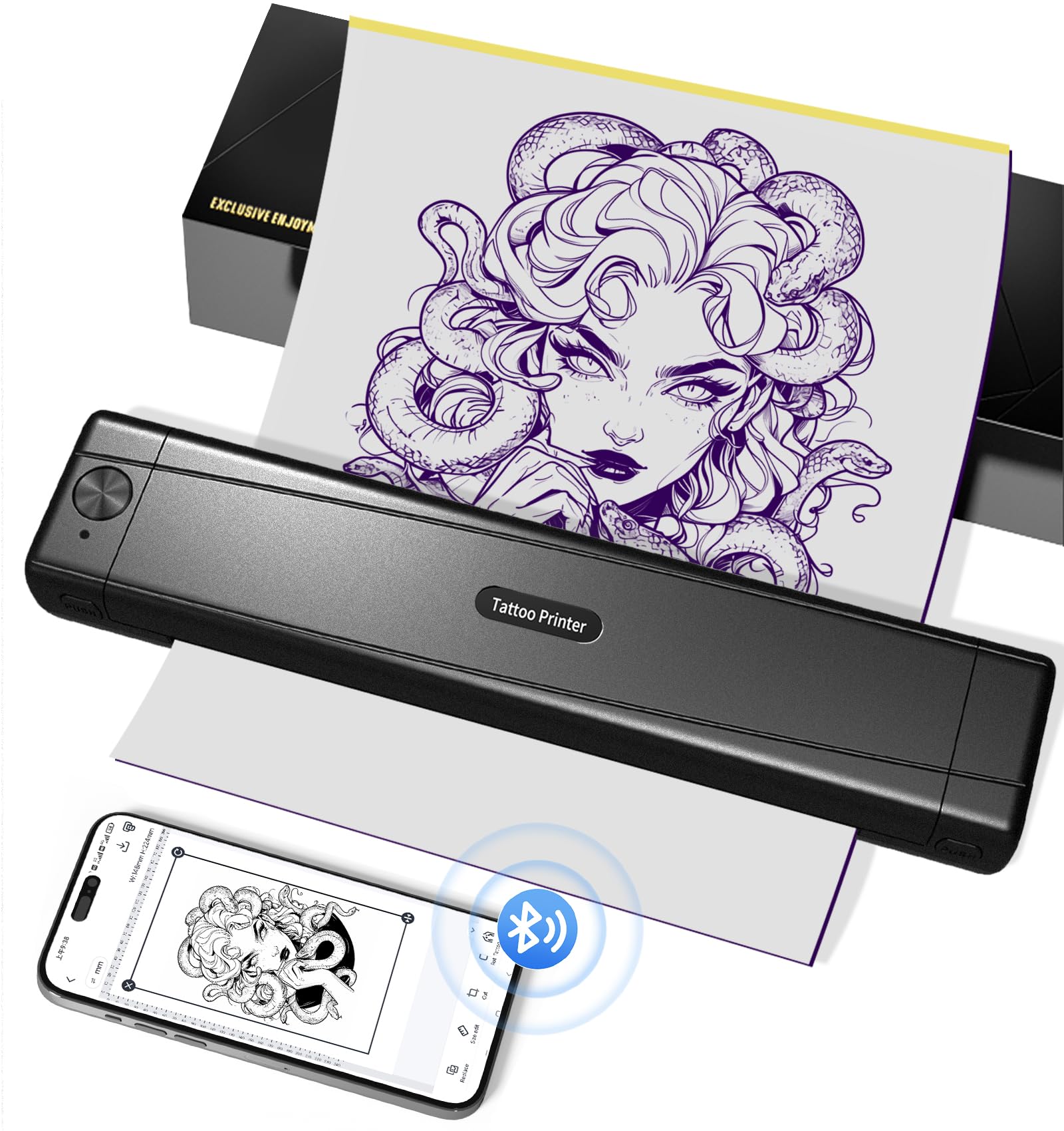 TATTMUSE Thermocopieur Tatouage, Imprimante Tatouage pour Artistes Débutant | Imprimante Stencil avec 10 Feuilles de Papier, Compatible avec iOS, Android, PC, Thermique