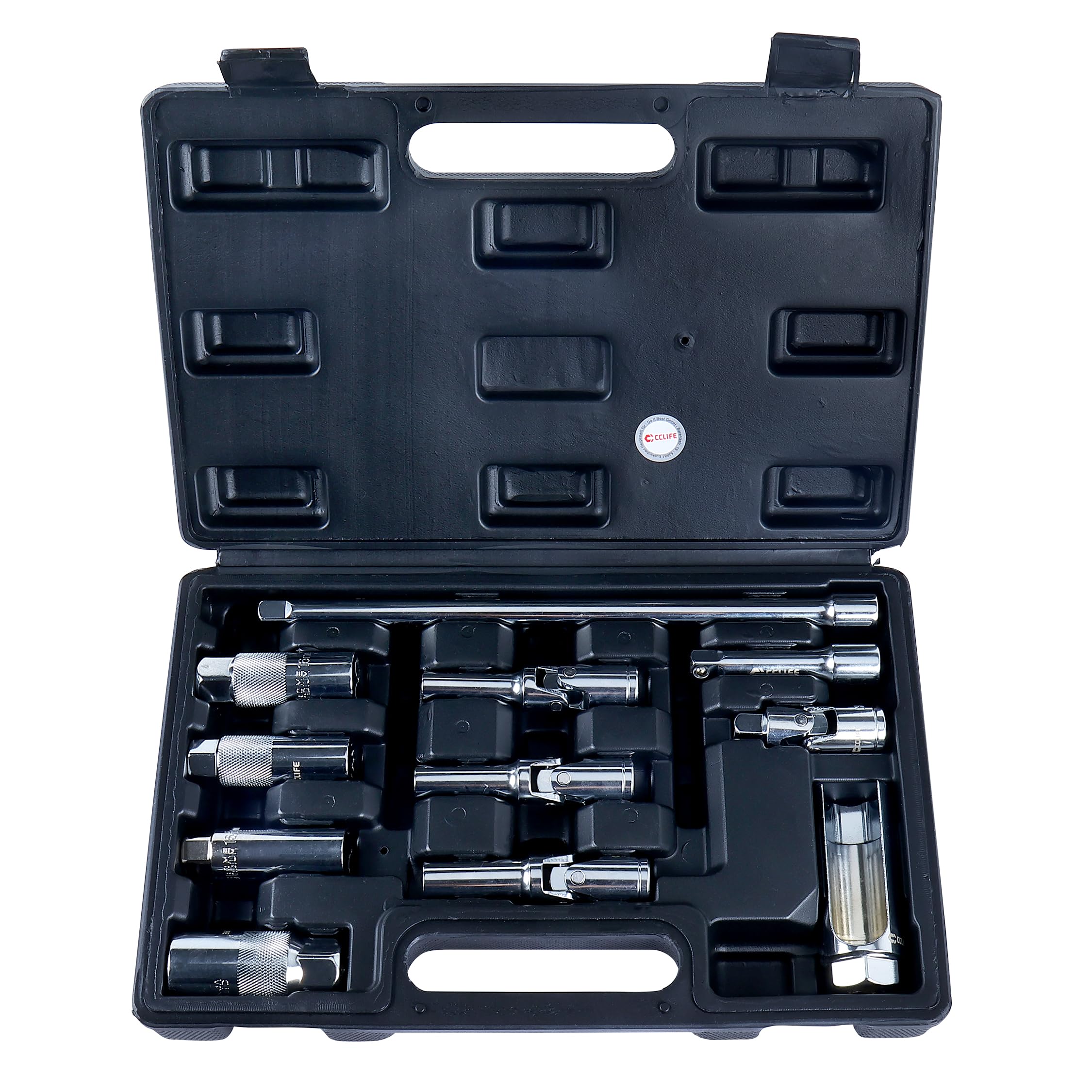 CCLIFE Jeu de douilles pour bougies de préchauffage 3/8 pouces 11 pièces | Avec rallonges (75/250 mm), 4 douilles pour bougies d'allumage, 3 douilles pour bougies de préchauffage, 1 sonde lambda