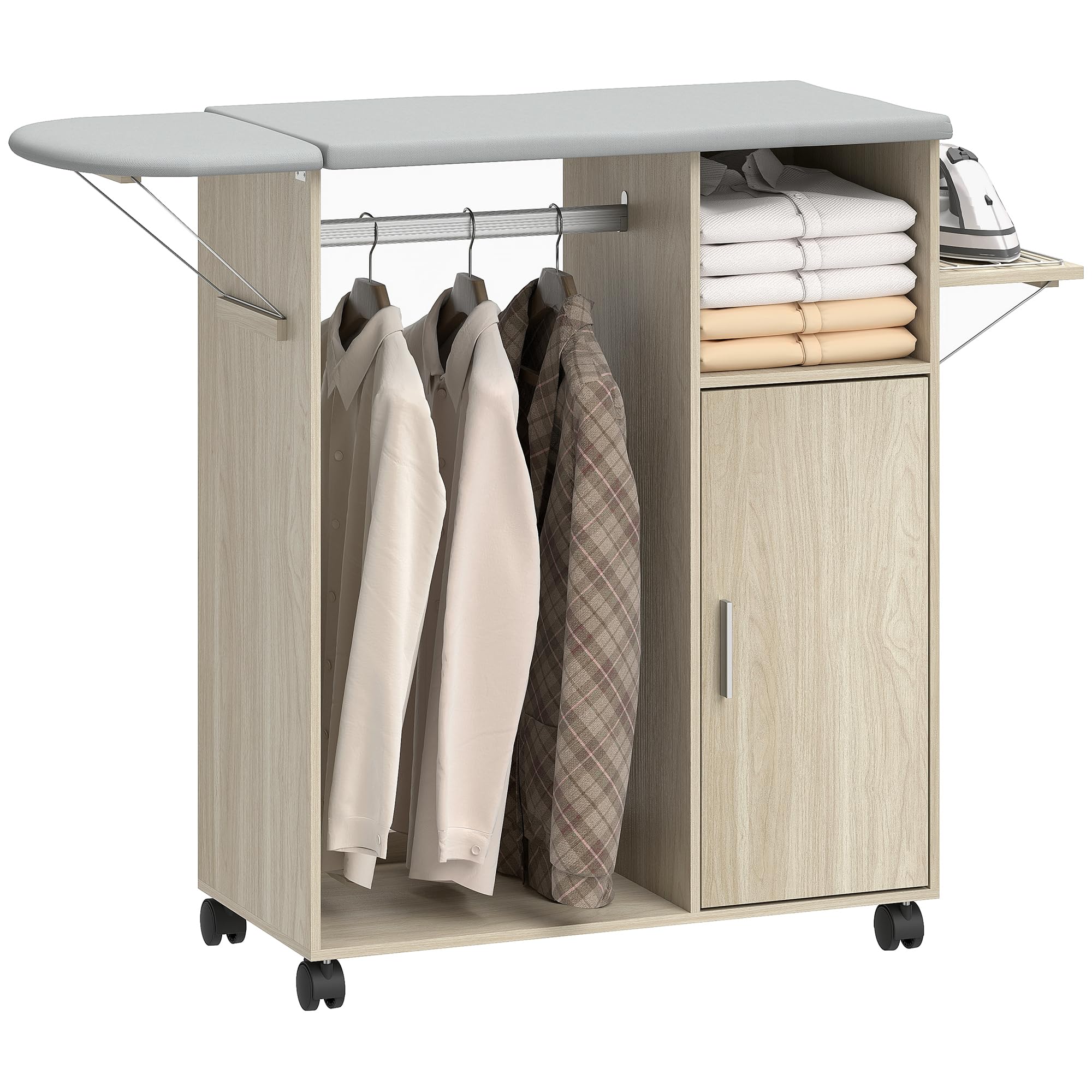 HOMCOM Meuble à Repasser sur Roulettes 127 x 42,5 x 99 cm Bois Naturel | Table à Repasser Pliante, Porte, Repose-Fer, Barre Suspension, Étagère Réglable, Compartiment Ouvert, pour Chambre, Buanderie