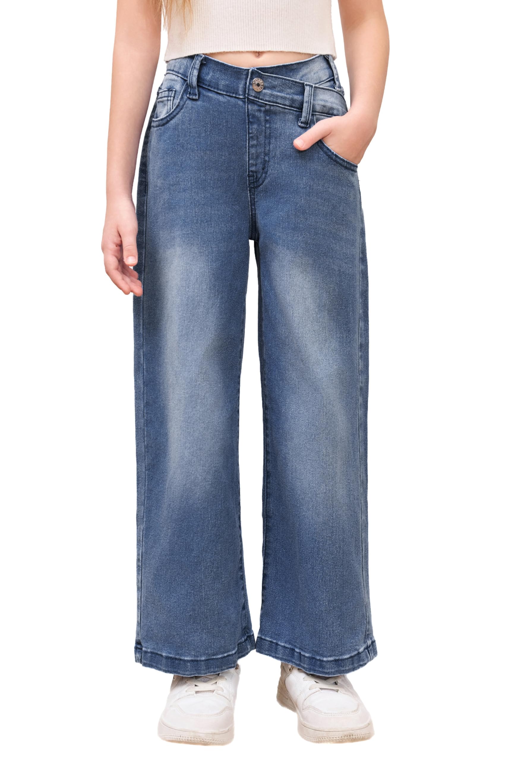 Haloumoning Pantalon en jean évasé pour fille - Taille haute - Taille élastique - Jambes larges