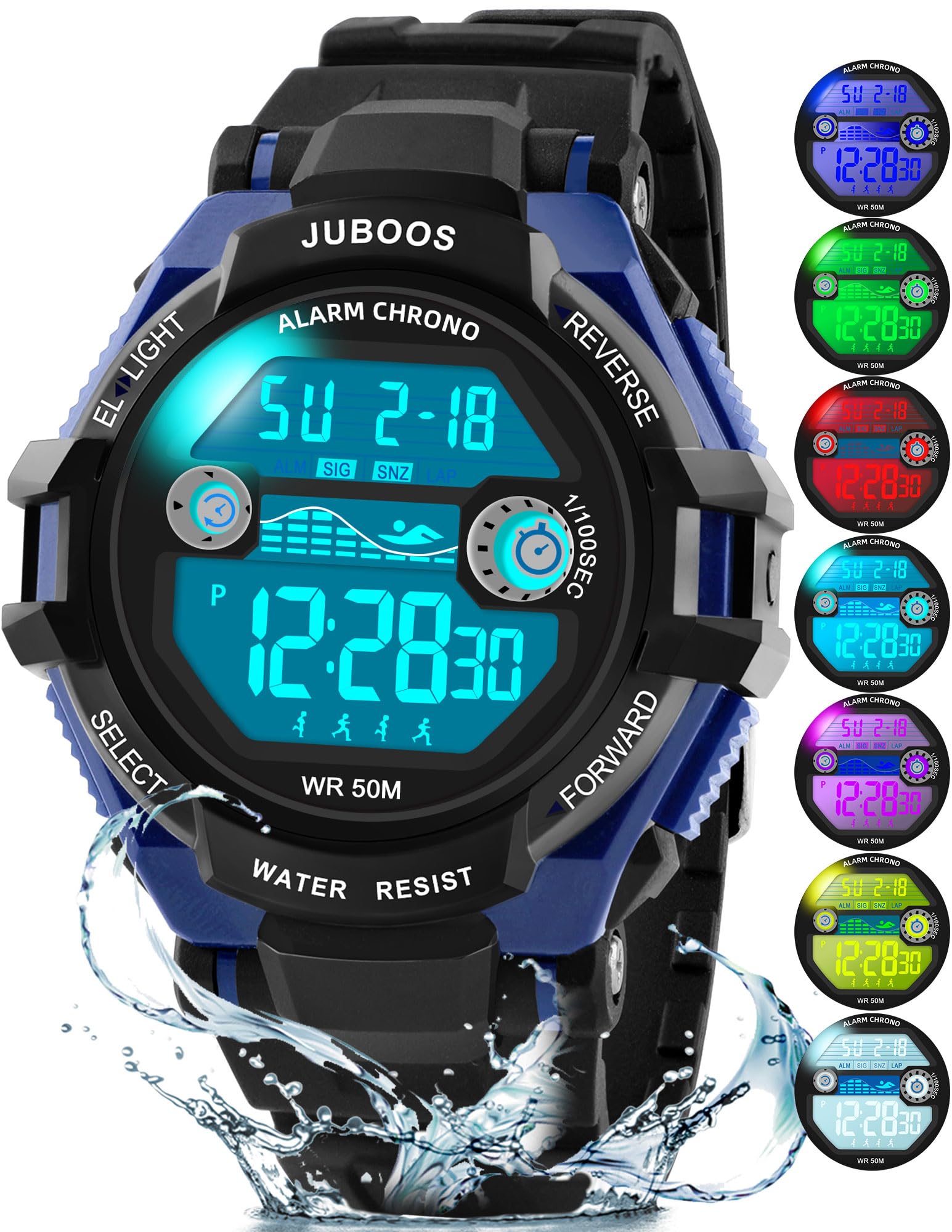 Juboos Montre Enfant Digitale Garçon Fille 5 à 16 Ans avec Alarme | 7 couleurs LED, étanche jusqu'à 50 m, chronomètre et bracelet souple offrent un confort très agréable au quotidien