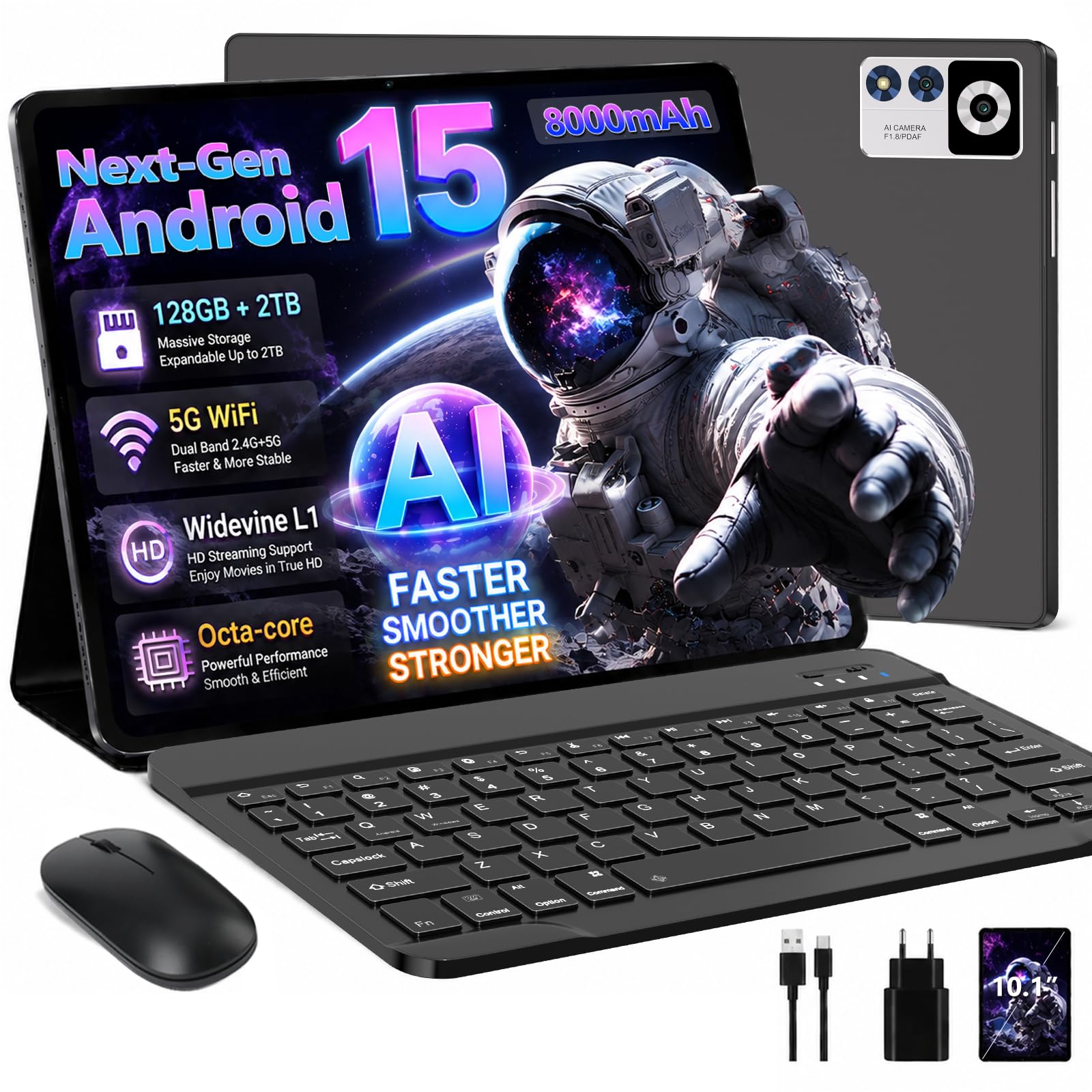 ZIOVO Tablette 10 Pouces Android 15,30Go RAM+128Go ROM (TF 2To) Tablet,5G WiFi Tablettes,Octa-Core 2.0 GHz/Gemini AI/Widevine L1/8000mAh/BT 5.0/GPS/Face ID/2 en 1 Tablette avec Clavier et Souris-Noir