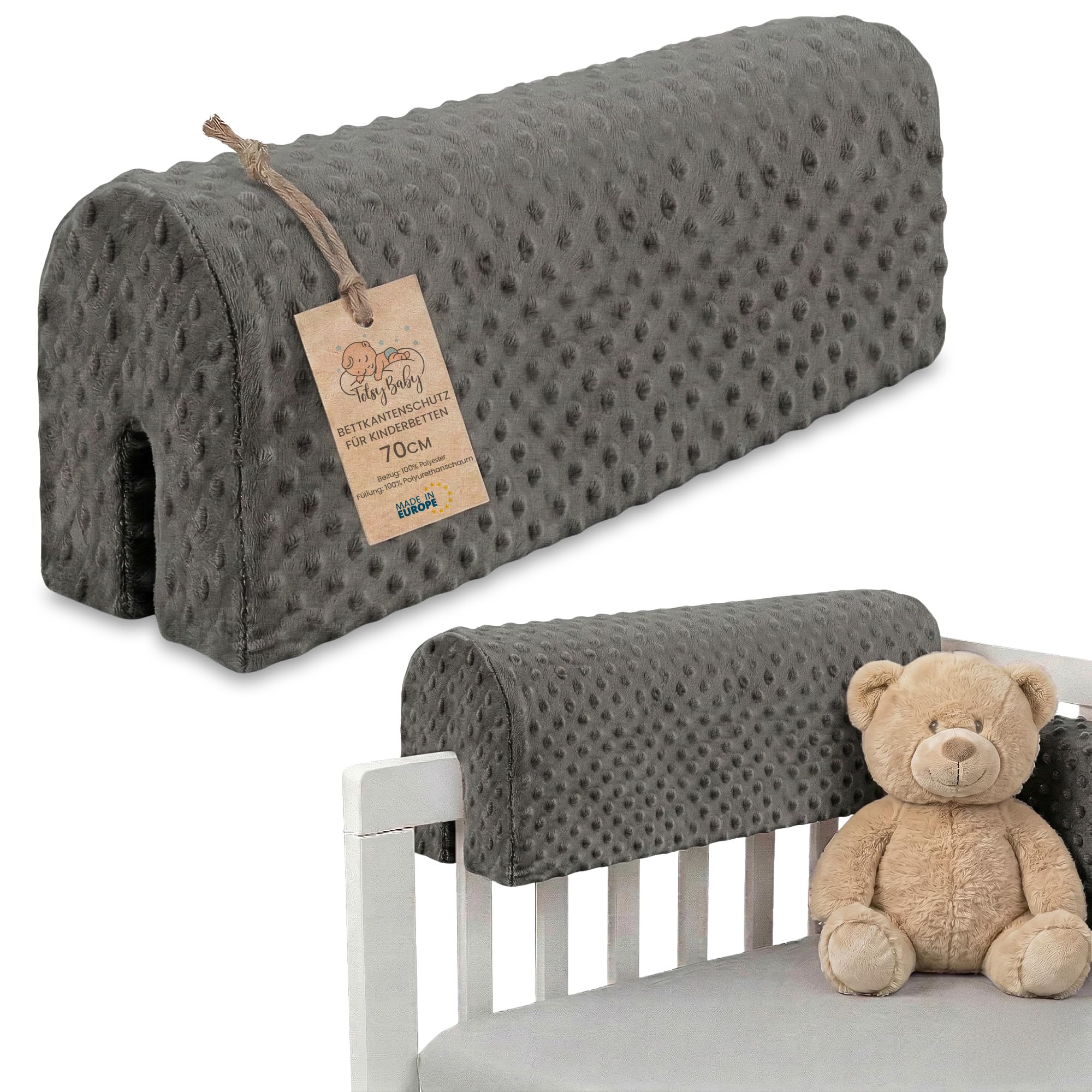 Tour de lit rembourré pour lit enfant à barreaux protection de bord | Tour de barreaux 70 cm rembourrage mousse housse amovible en Minky contour douillet moelleux Gris