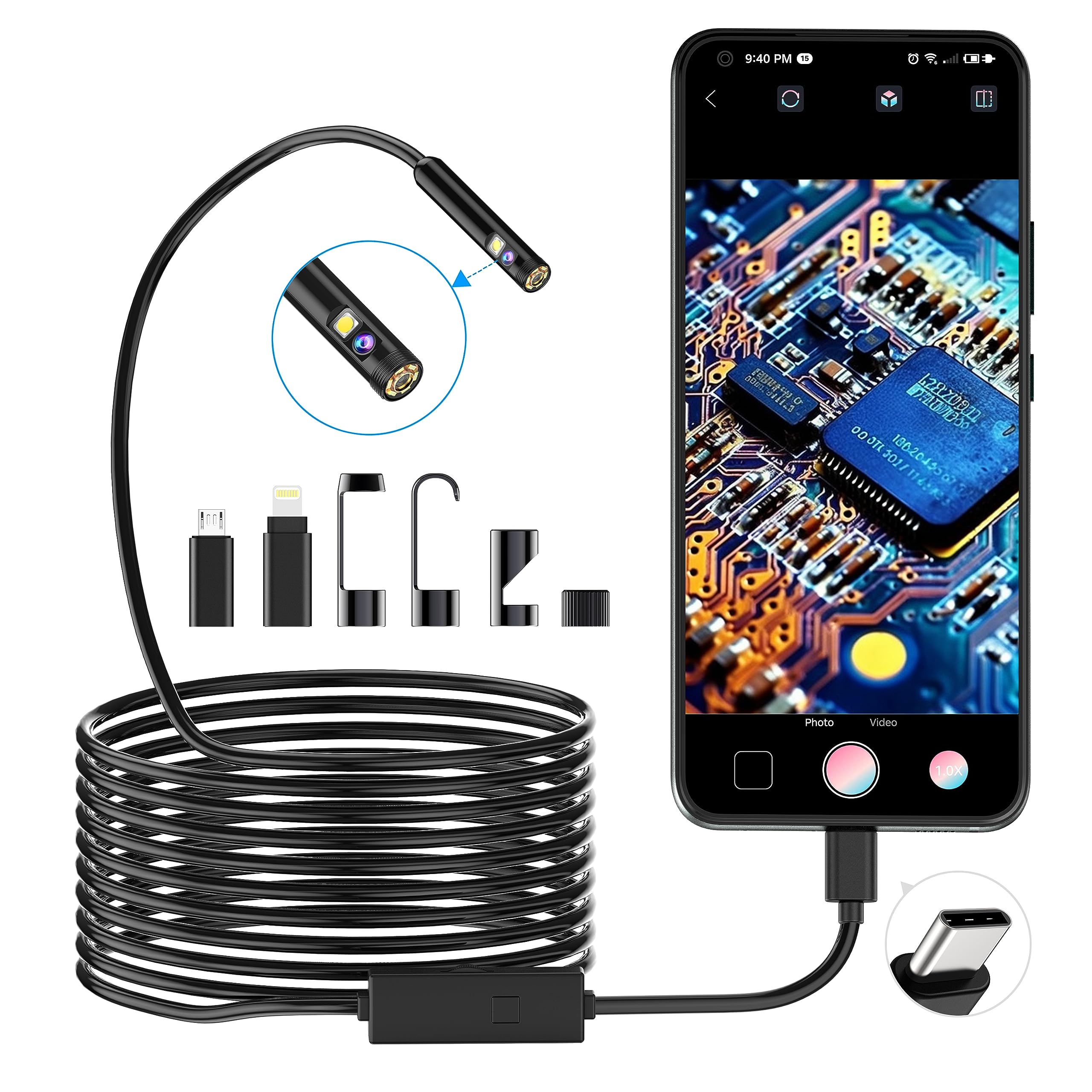 Endoscopique d'inspection Serpent Double Objectif 1920P | Endoscopique Pancellent Type C, Caméra avec 8 Lumières LED pour Smartphone Android et iOS, IPhone, IPad, Samsung (5 M)