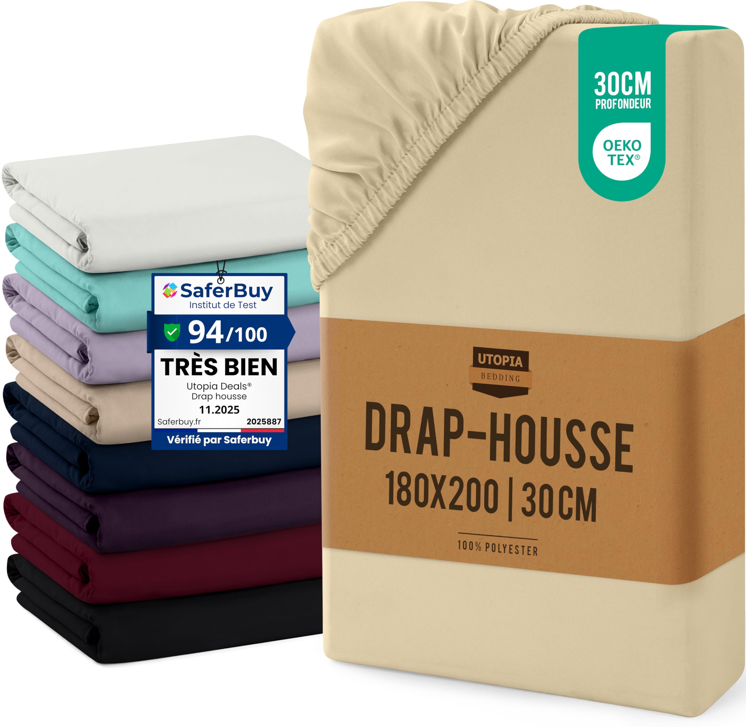 Utopia Bedding Drap Housse - Beige, 180 x 200 cm | Bonnets 30 cm pour Matelas Épais - Certifié Oeko-Tex - Polyester Microfibre Brossée