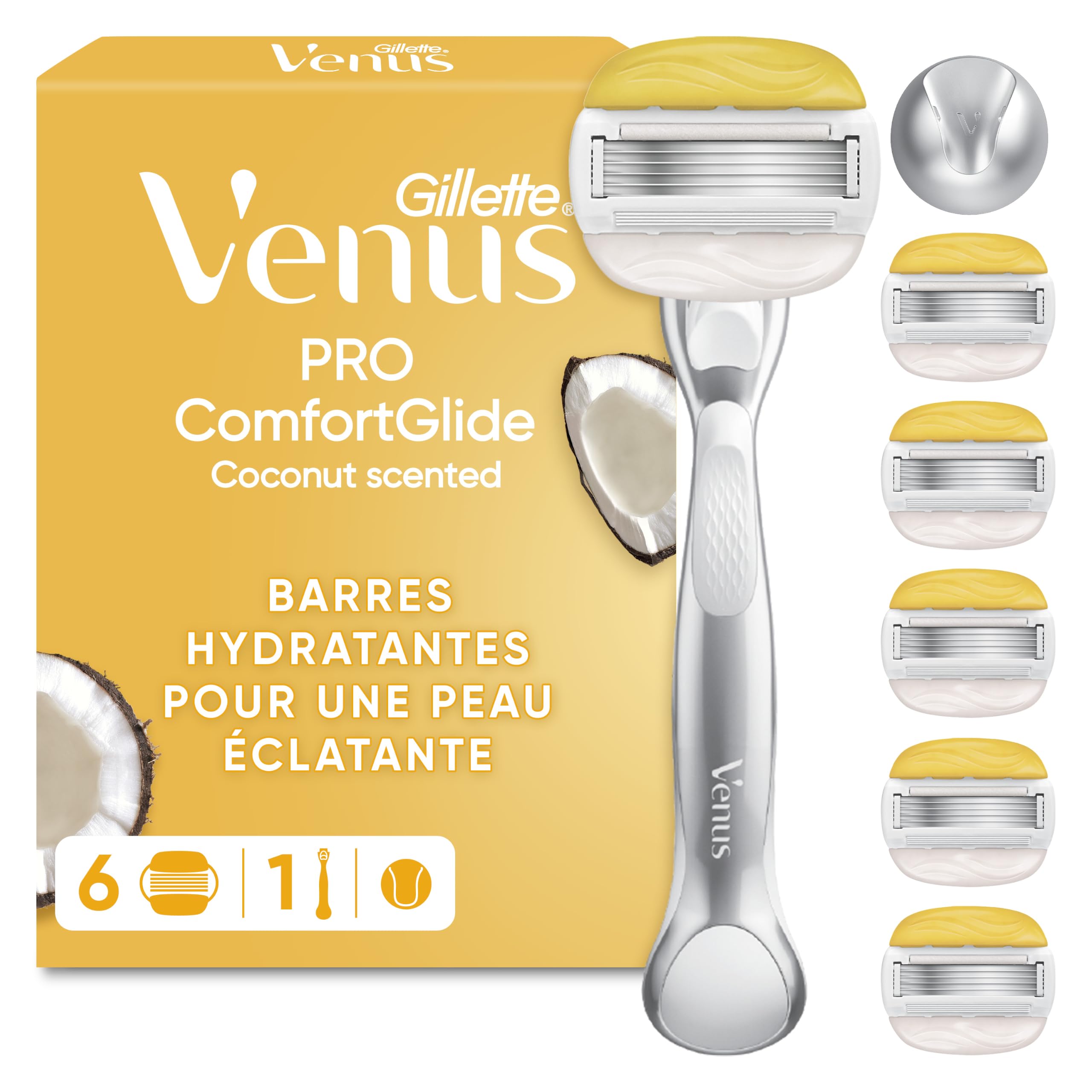 Gillette Venus 1 Rasoir Femme Pro ComfortGlide Parfum Noix de Coco, Lames | Manche en Métal Réutilisable, Pack Comprend 6 Cartouches Dotées d’Une Touche d’Huile d’Argan, Rasage Doux de la Peau Sèche