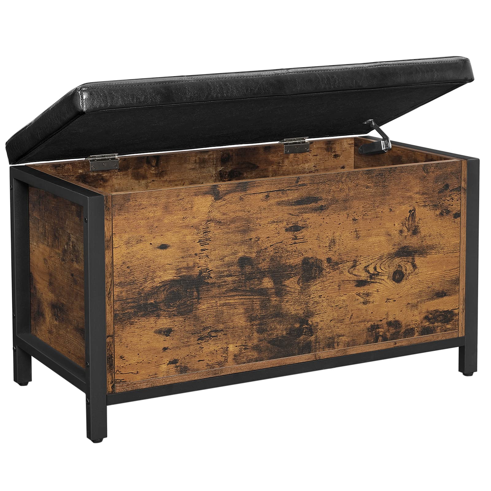 VASAGLE Tabouret, Banc avec Coffre de Rangement, Siège Rembourré | Cadre en Acier, Surface en PU, Style moderne, pour Entrée, Chambre, Marron rustique et Noir, Collection BARNET LSC80BX