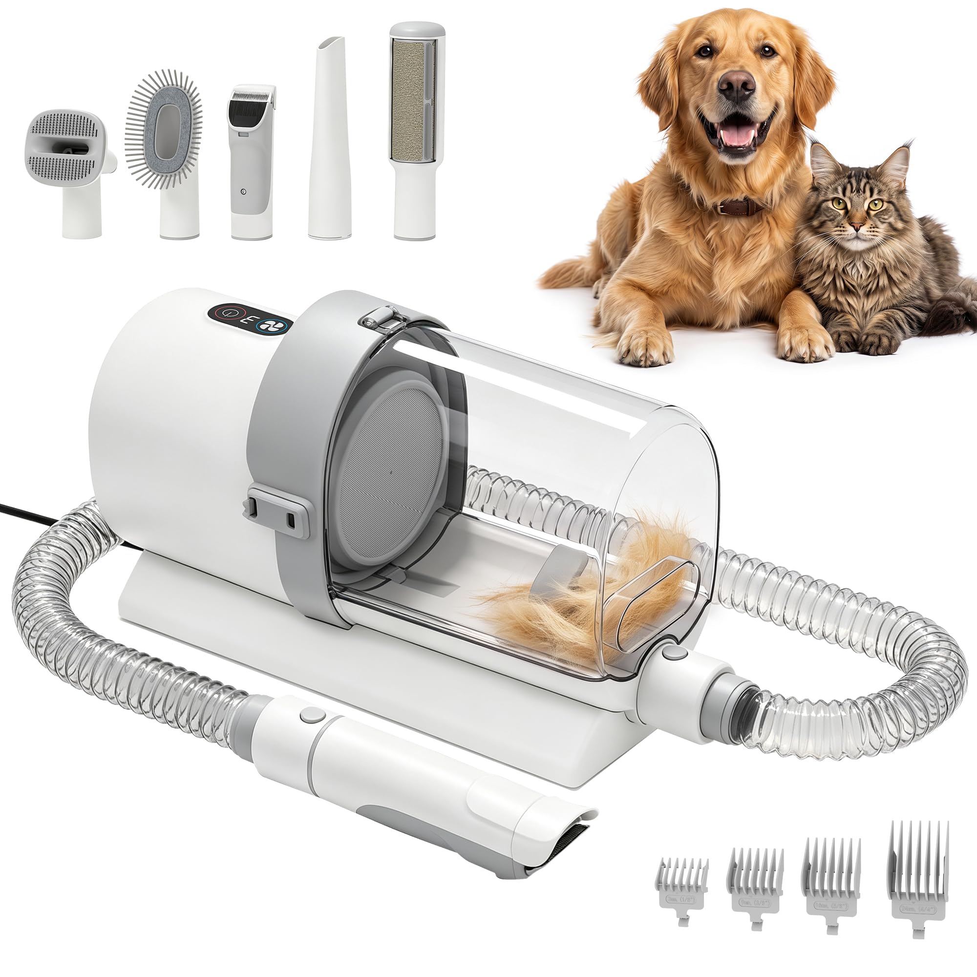 PawHut Aspirateur Toilettage Chien Chat 5 en 1 Tondeuse Aspiration 10kPa | Puissante, Grand Bac 2,5L, Faible Bruit ≤65dB, Brosse Anti-Mue, Sans Poil Volant, pour Poils Longs et Courts, Blanc