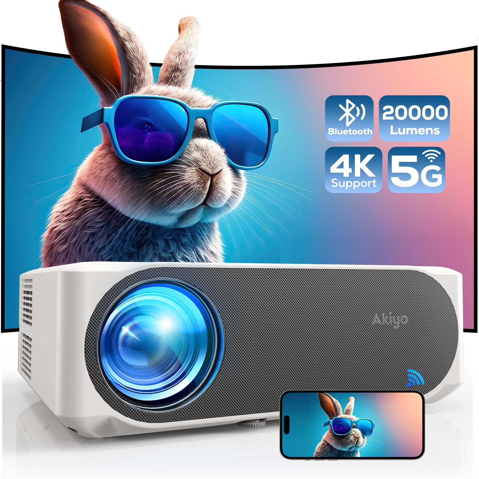 Vidéoprojecteur, 20000 Lumens 4K Supporte Retroprojecteur, AKIYO O8 Projecteur Native 1080P WiFi6 Bluetooth 5.2, 300'' Home Cinéma Compatible avec iOS/Android/PC/HDMI/USB/Fire Stick/PS5