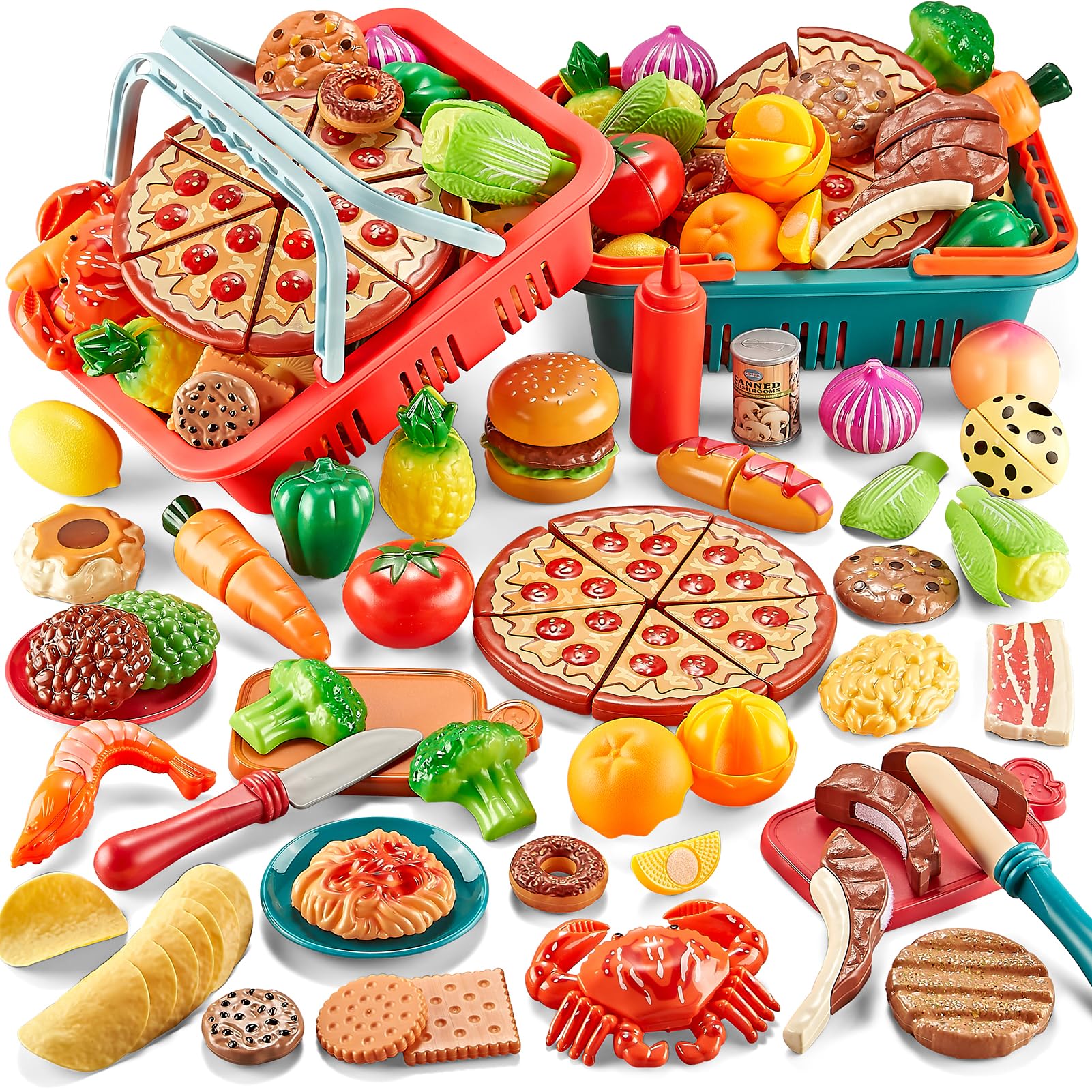 Comirth Lot de 80 Jouets Alimentaires à Découper pour la Cuisine des Tout-Petits, Jeu de Rôle de Chef pour Enfants avec Nourriture en Jouet, Panier à Pique-Nique (Édition Standard)