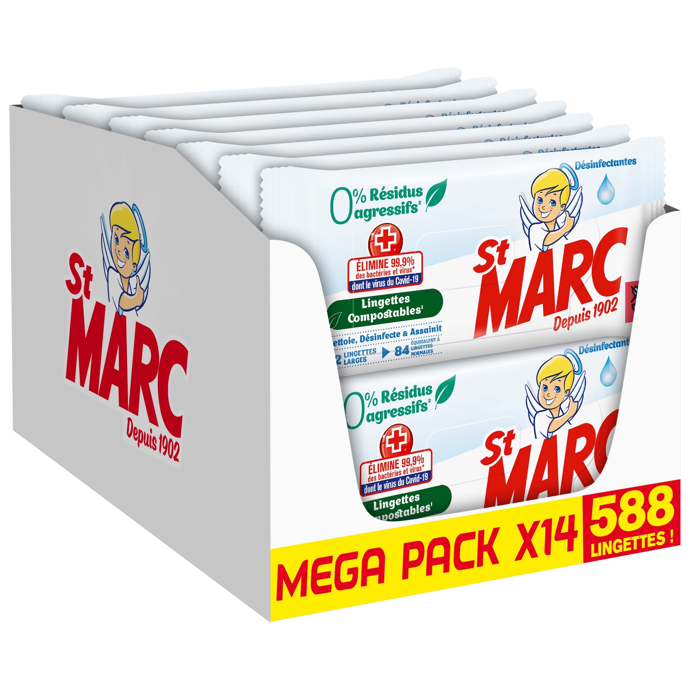 St Marc Lingette nettoyante Désinfectante 0% Résidus Agressifs, Compostable - 42 lingettes antibactérien larges en Lot de 14 (Total 588 lingettes)